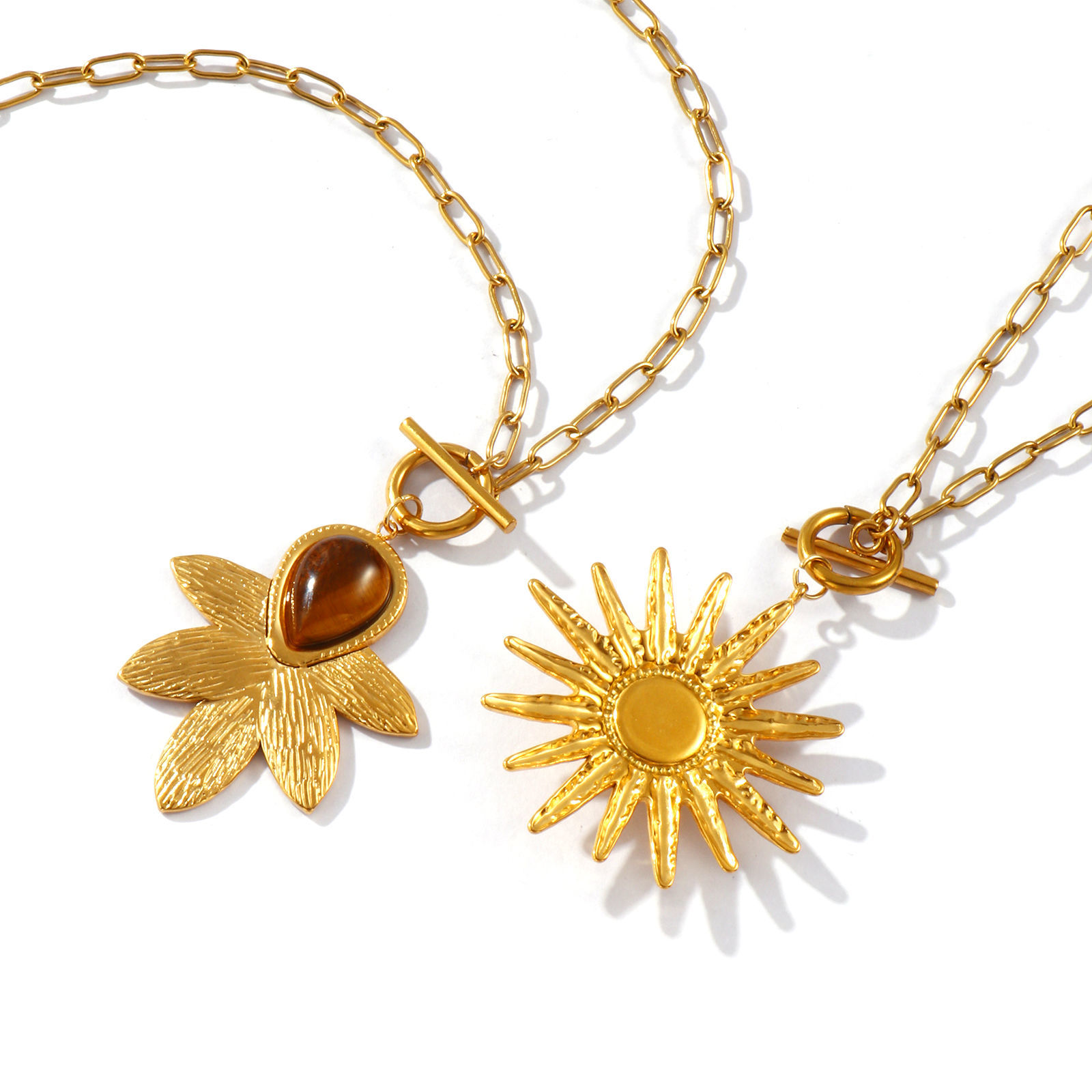 Bild von 18K Echtgold plattiert Büroklammerkette Anhänger Halskette, 304 Edelstahl & Halbedelstein 45cm, Für Frauen, Braun Stilvoll Süß Geschenk, Umweltfreundliche PVD-Vakuumbeschichtung