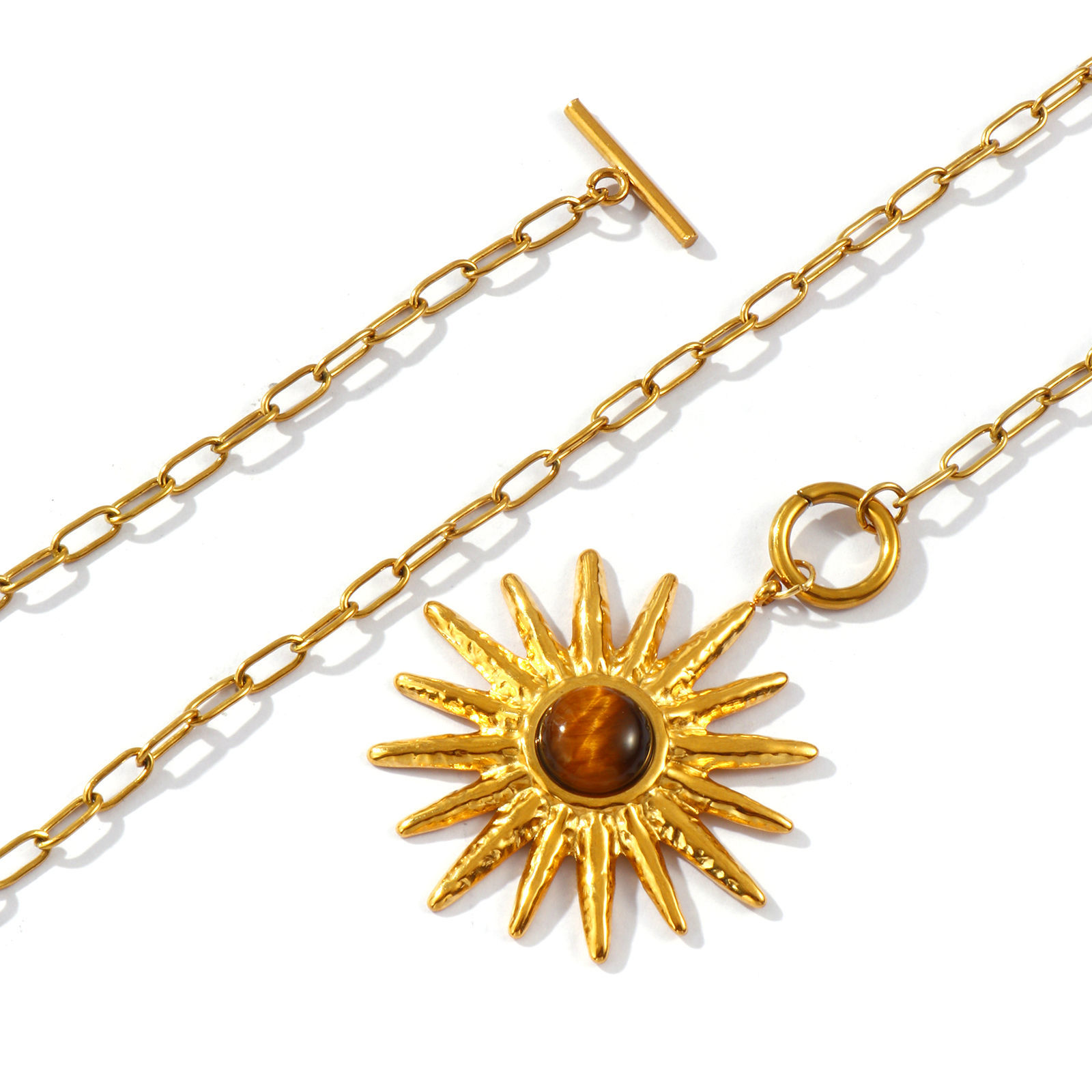 Bild von 18K Echtgold plattiert Büroklammerkette Anhänger Halskette, 304 Edelstahl & Halbedelstein 45cm, Für Frauen, Braun Stilvoll Süß Geschenk, Umweltfreundliche PVD-Vakuumbeschichtung