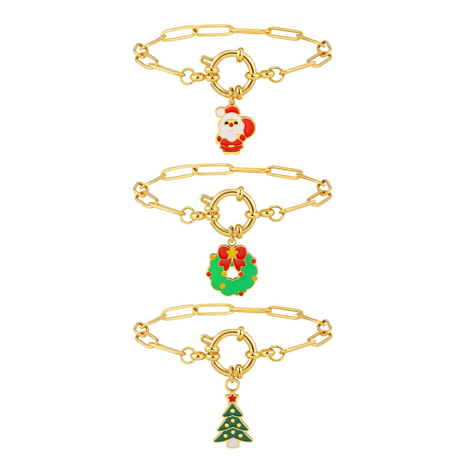 Immagine di 1 Piece Eco-friendly Stylish Exquisite 18K Gold Plated 201 Stainless Steel Link Cable Chain Christmas Enamel Charm Bracelets For Women Gift 18cm(7.1") long