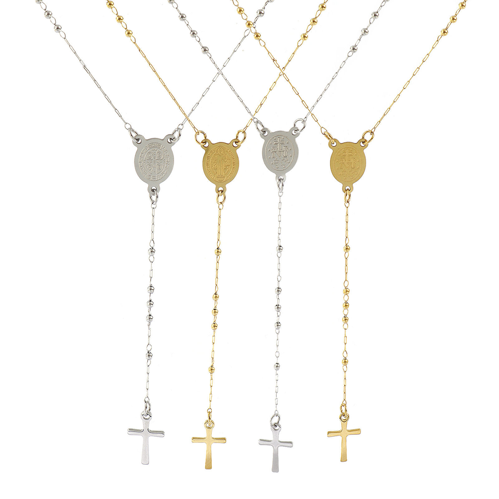 Bild von Bunt Perlenkette Kreuz Gebetsperlen Rosenkranz Halskette, 304 Edelstahl 53cm, Für Frauen, Religiös Retro Geschenk, Umweltfreundlich
