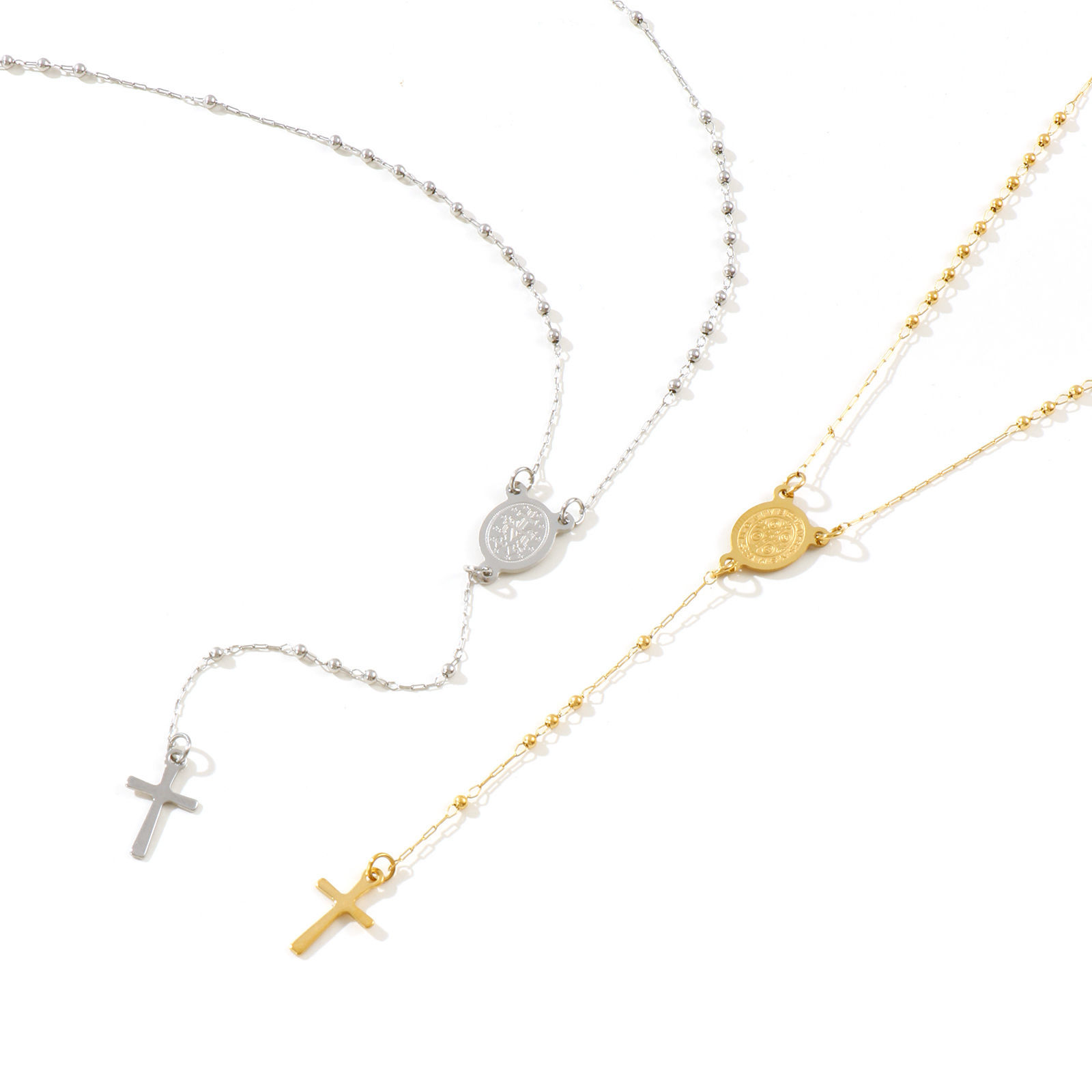 Bild von Bunt Perlenkette Kreuz Gebetsperlen Rosenkranz Halskette, 304 Edelstahl 53cm, Für Frauen, Religiös Retro Geschenk, Umweltfreundlich