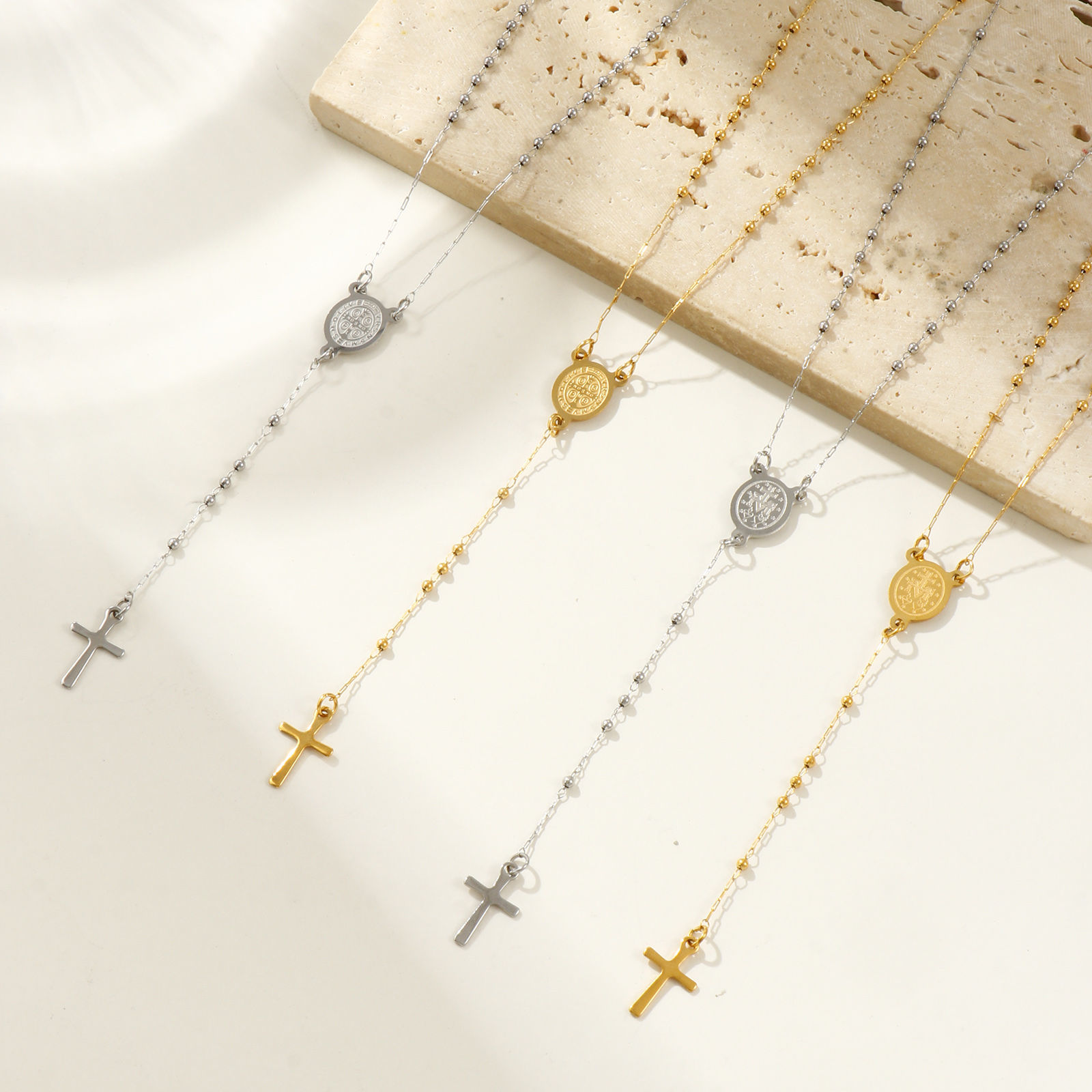 Bild von Bunt Perlenkette Kreuz Gebetsperlen Rosenkranz Halskette, 304 Edelstahl 53cm, Für Frauen, Religiös Retro Geschenk, Umweltfreundlich