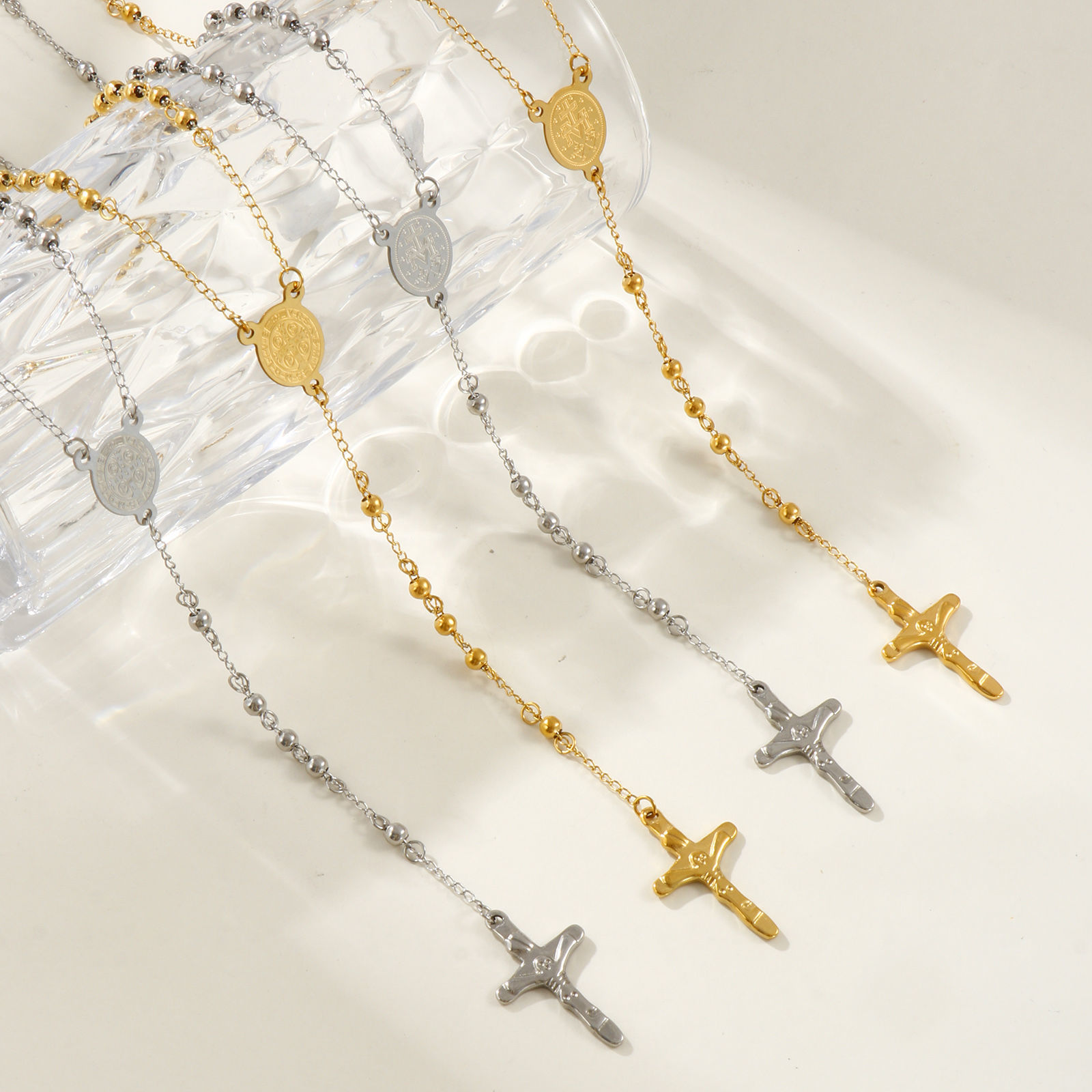 Bild von Bunt Perlenkette Kreuz Gebetsperlen Rosenkranz Halskette, 304 Edelstahl 66cm, Für Frauen, Religiös Retro Geschenk, Umweltfreundlich