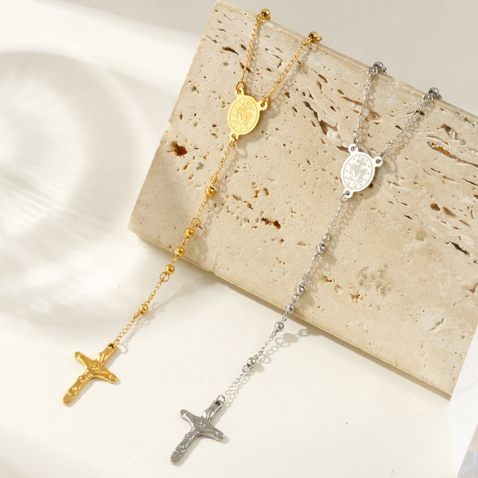 Bild von Bunt Perlenkette Kreuz Gebetsperlen Rosenkranz Halskette, 304 Edelstahl 66cm, Für Frauen, Religiös Retro Geschenk, Umweltfreundlich