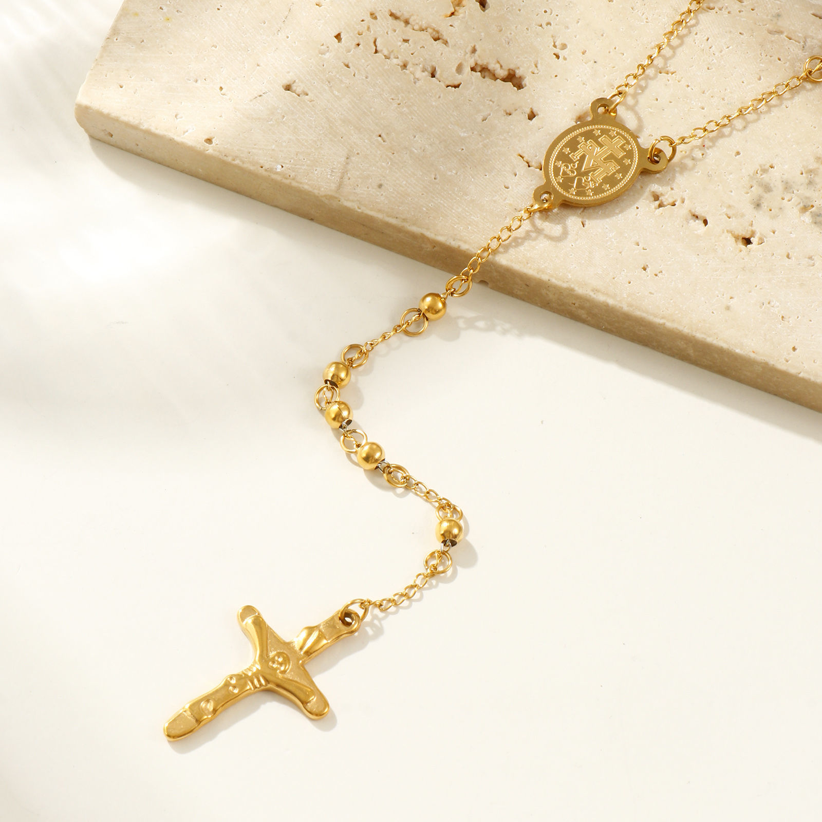 Bild von Bunt Perlenkette Kreuz Gebetsperlen Rosenkranz Halskette, 304 Edelstahl 66cm, Für Frauen, Religiös Retro Geschenk, Umweltfreundlich