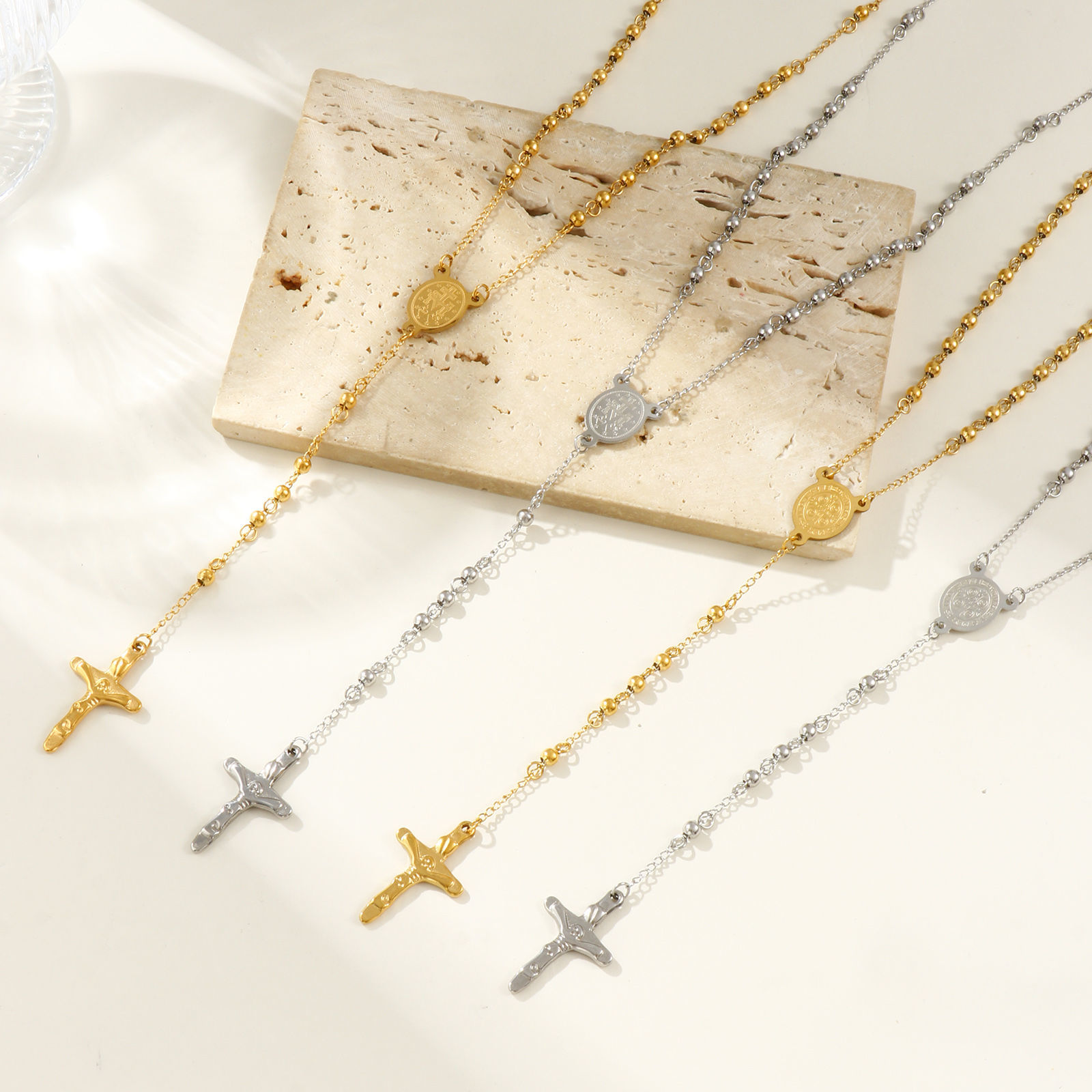 Bild von Bunt Perlenkette Kreuz Gebetsperlen Rosenkranz Halskette, 304 Edelstahl 66cm, Für Frauen, Religiös Retro Geschenk, Umweltfreundlich