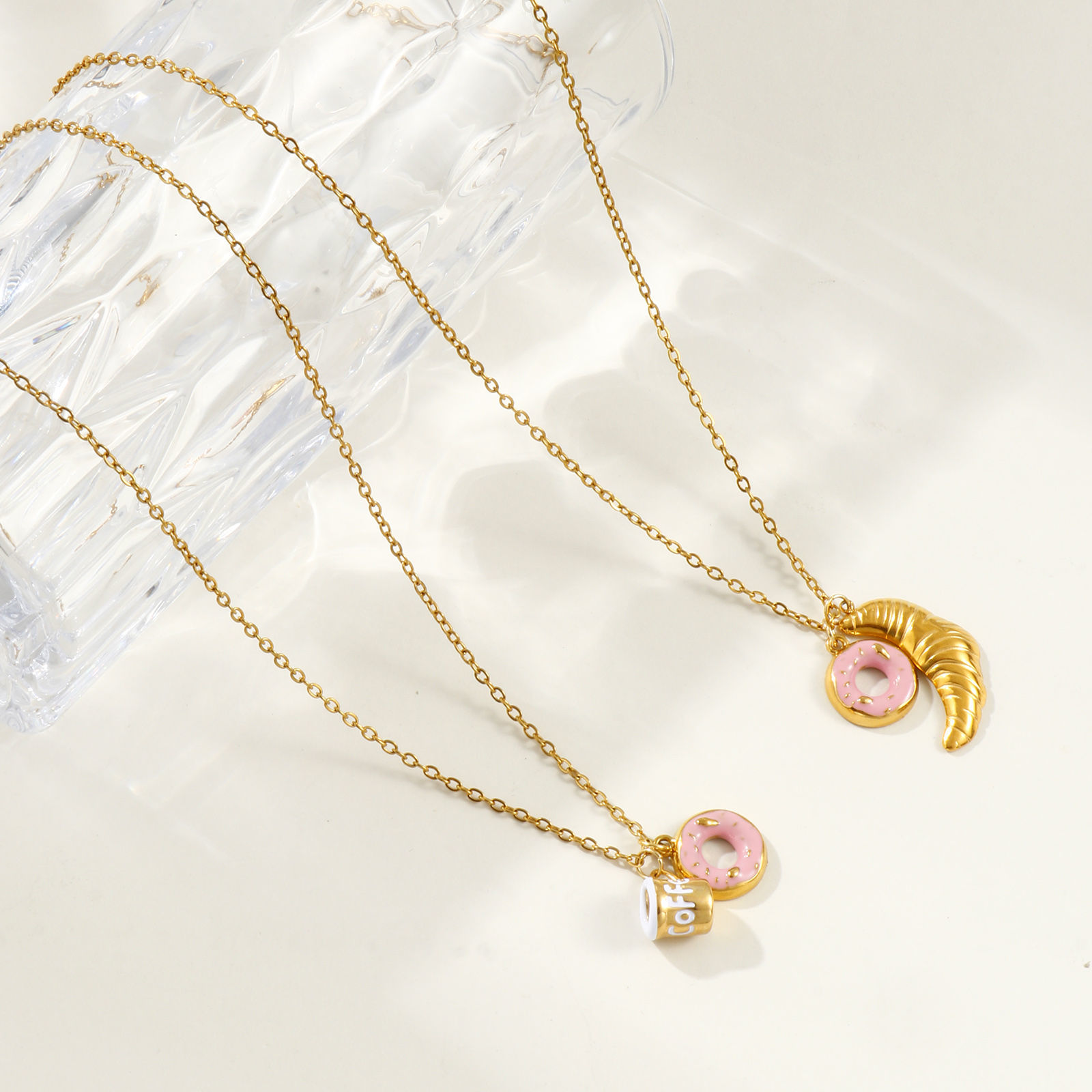 Immagine di 18K Vero Oro Placcato Catena a Cavo Collana con Ciondolo, 304 Acciaio Inossidabile 45cm + 5cm, Per Donne, Rosa Smalto Squisito Elegante Regalo, Placcatura Sottovuoto PVD Ecologica, 1 Pz