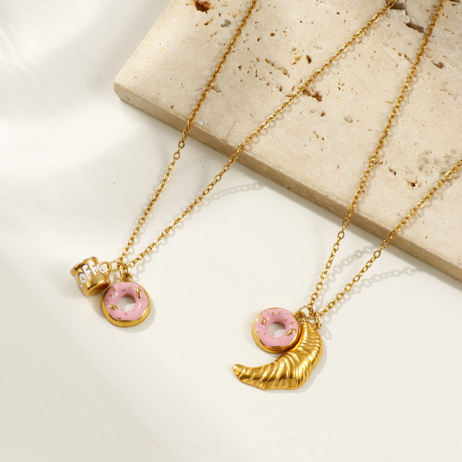 Immagine di 18K Vero Oro Placcato Catena a Cavo Collana con Ciondolo, 304 Acciaio Inossidabile 45cm + 5cm, Per Donne, Rosa Smalto Squisito Elegante Regalo, Placcatura Sottovuoto PVD Ecologica, 1 Pz