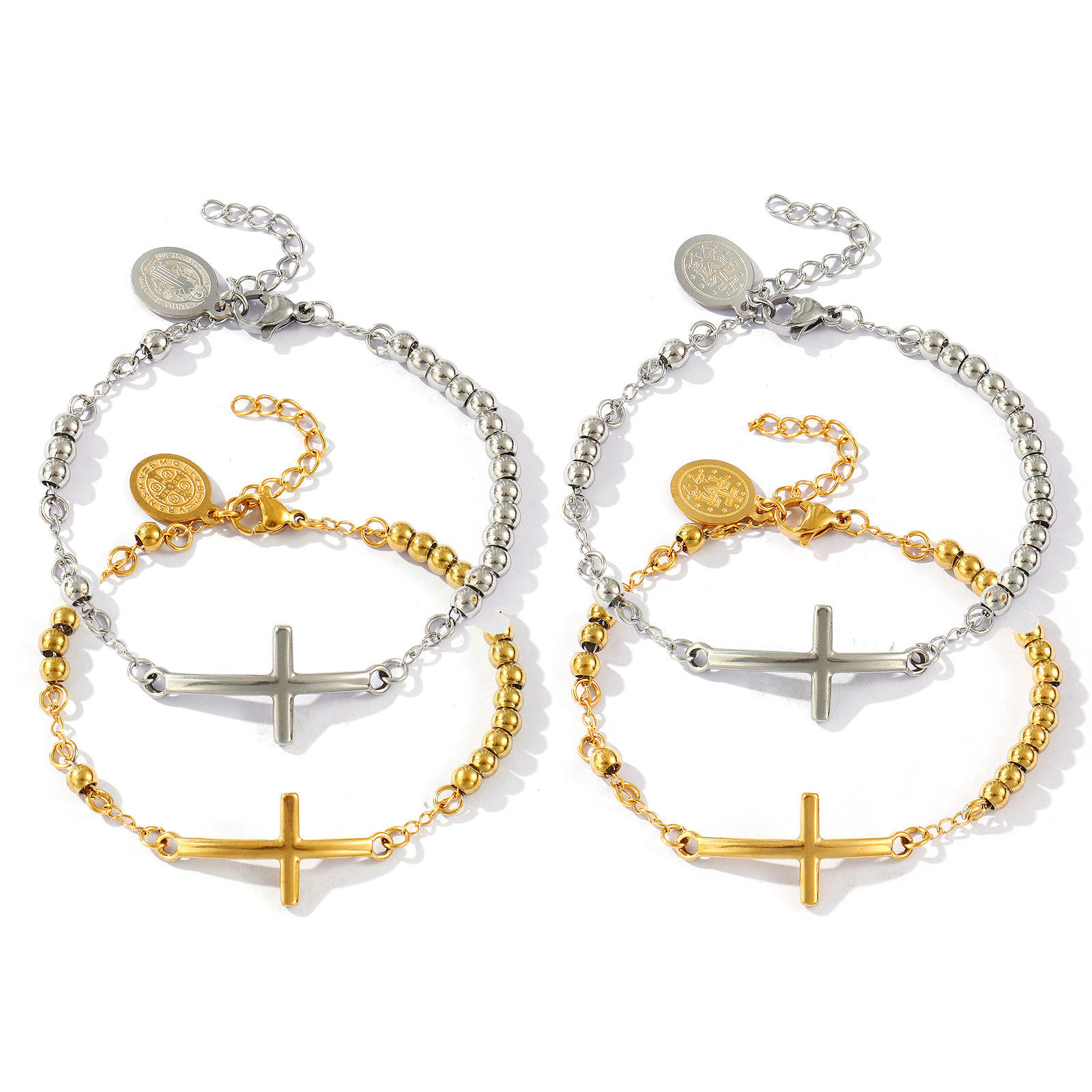 Изображение 1 ШТ Экологичный Ретро религия 304 Нержавеющая Сталь Цепочка из бисера Крест Браслеты Для женщин подарок 17см длина