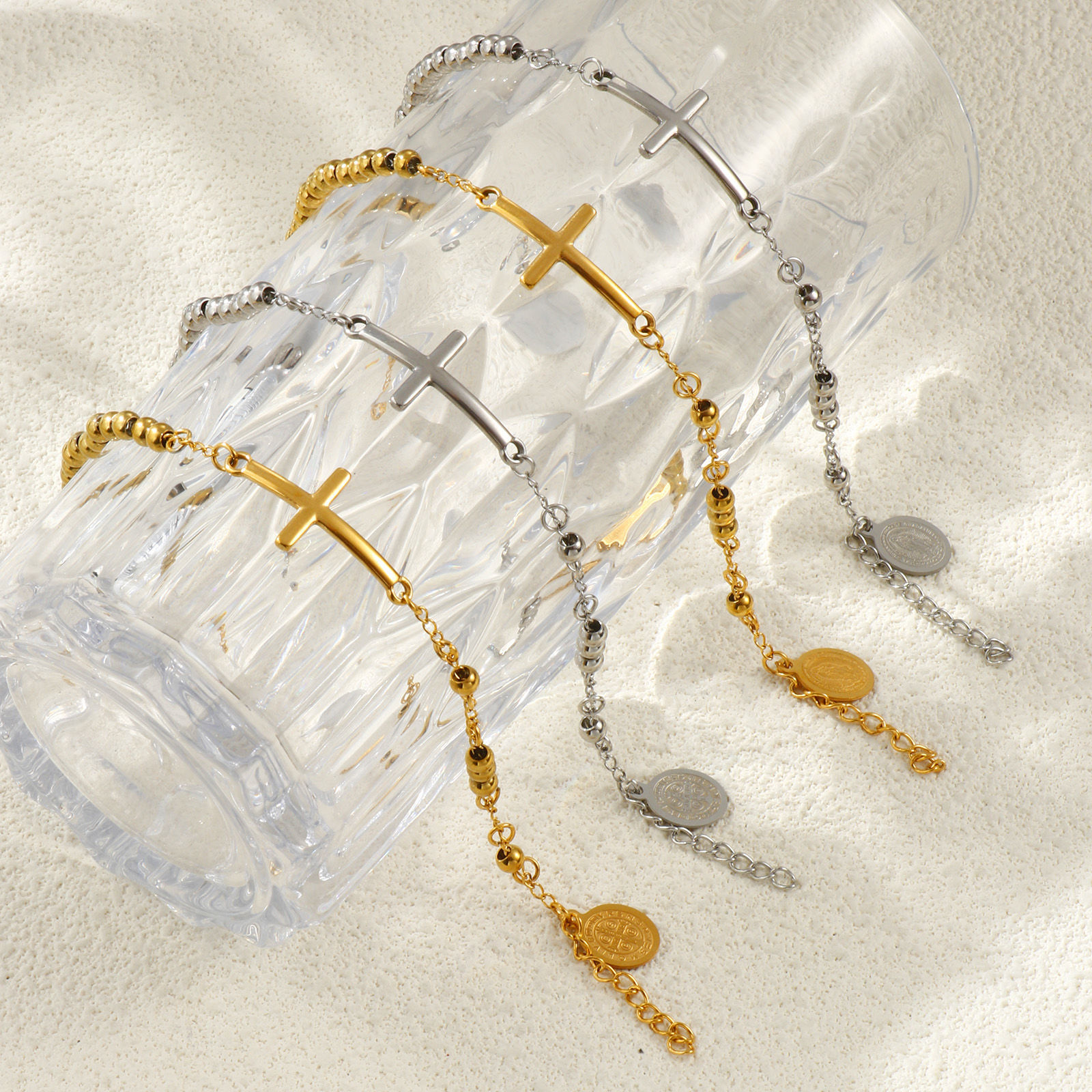 Изображение 1 ШТ Экологичный Ретро религия 304 Нержавеющая Сталь Цепочка из бисера Крест Браслеты Для женщин подарок 17см длина