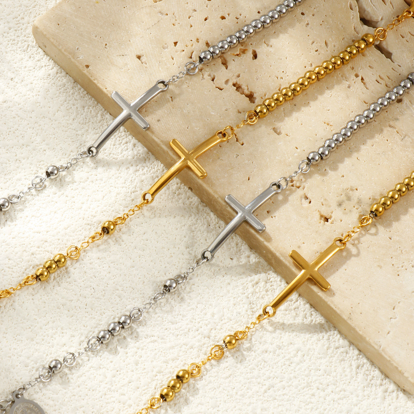 Изображение 1 ШТ Экологичный Ретро религия 304 Нержавеющая Сталь Цепочка из бисера Крест Браслеты Для женщин подарок 17см длина