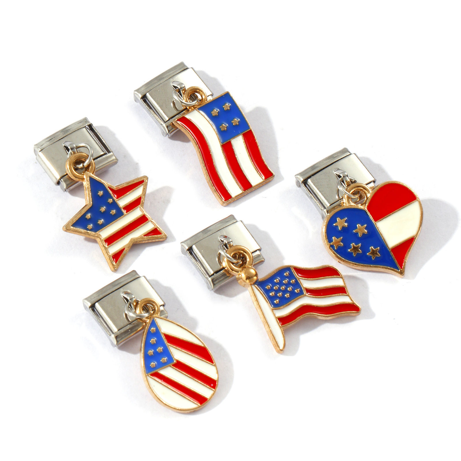 Изображение 2 ШТ 304 Нержавеющая Сталь спорт Очаровательный итальянский браслет со звеньями Изготовление ювелирных изделий своими руками Позолоченный И Былые K Разноцветный С Эмалью Флаг США 10мм x 9мм
