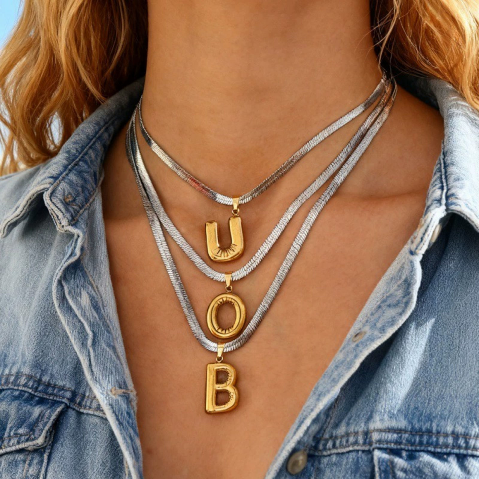 Изображение 18K Gold Plated Flat Snake Chain Pendant Charm Necklace, 304 Stainless Steel 40cm(15.7") + 7cm(2.8"), For Women, Message " A-Z " Capital Alphabet Initial Letter Name Dainty Gift, Eco-friendly, 1 Piece