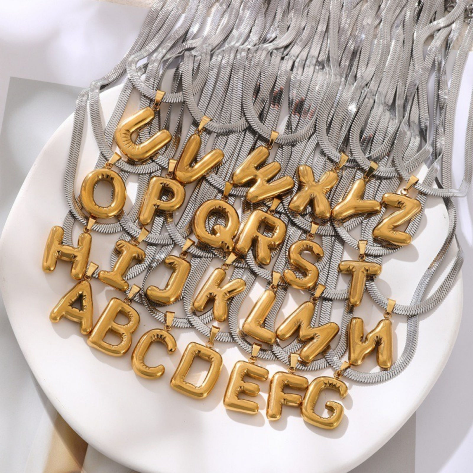 Изображение 18K Gold Plated Flat Snake Chain Pendant Charm Necklace, 304 Stainless Steel 40cm(15.7") + 7cm(2.8"), For Women, Message " A-Z " Capital Alphabet Initial Letter Name Dainty Gift, Eco-friendly, 1 Piece