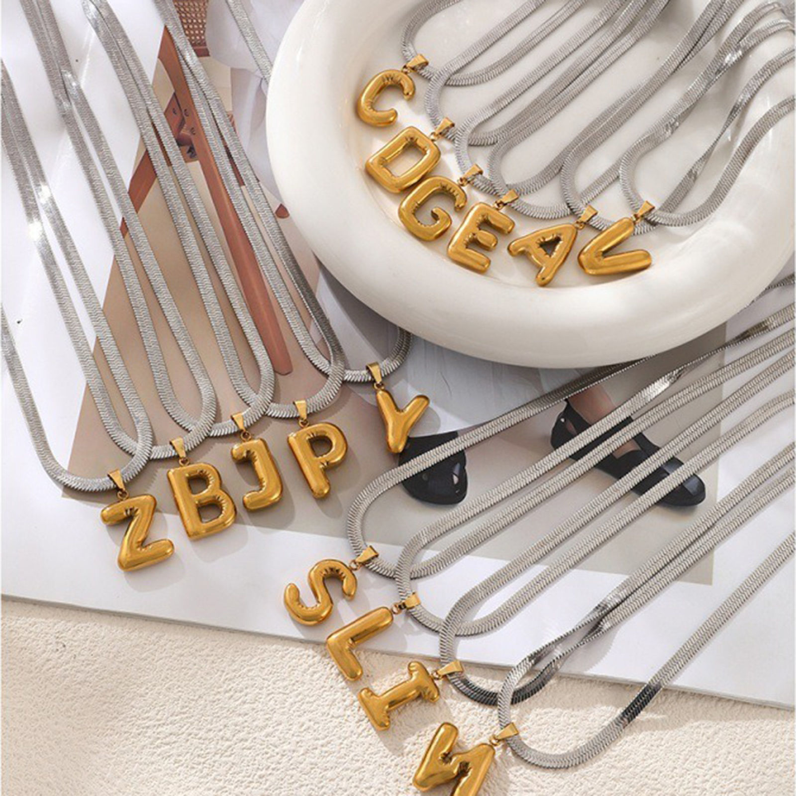 Изображение 18K Gold Plated Flat Snake Chain Pendant Charm Necklace, 304 Stainless Steel 40cm(15.7") + 7cm(2.8"), For Women, Message " A-Z " Capital Alphabet Initial Letter Name Dainty Gift, Eco-friendly, 1 Piece