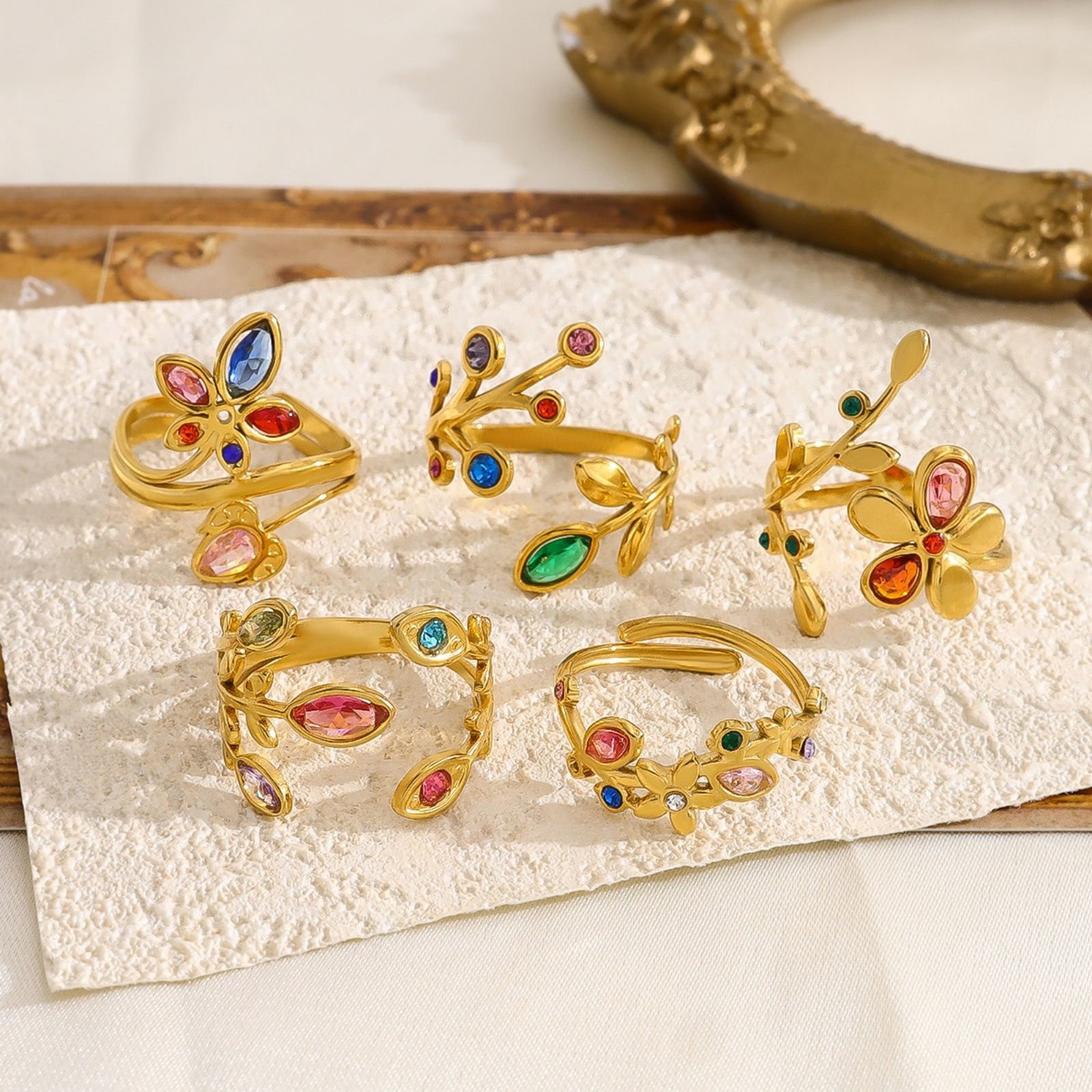 Bild von 1 Piece Eco-friendly PVD Vacuum Plating Dainty Stylish 18K Gold Plated Multicolor 304 Stainless Steel & Cubic Zirconia Open Rings For Women Gift