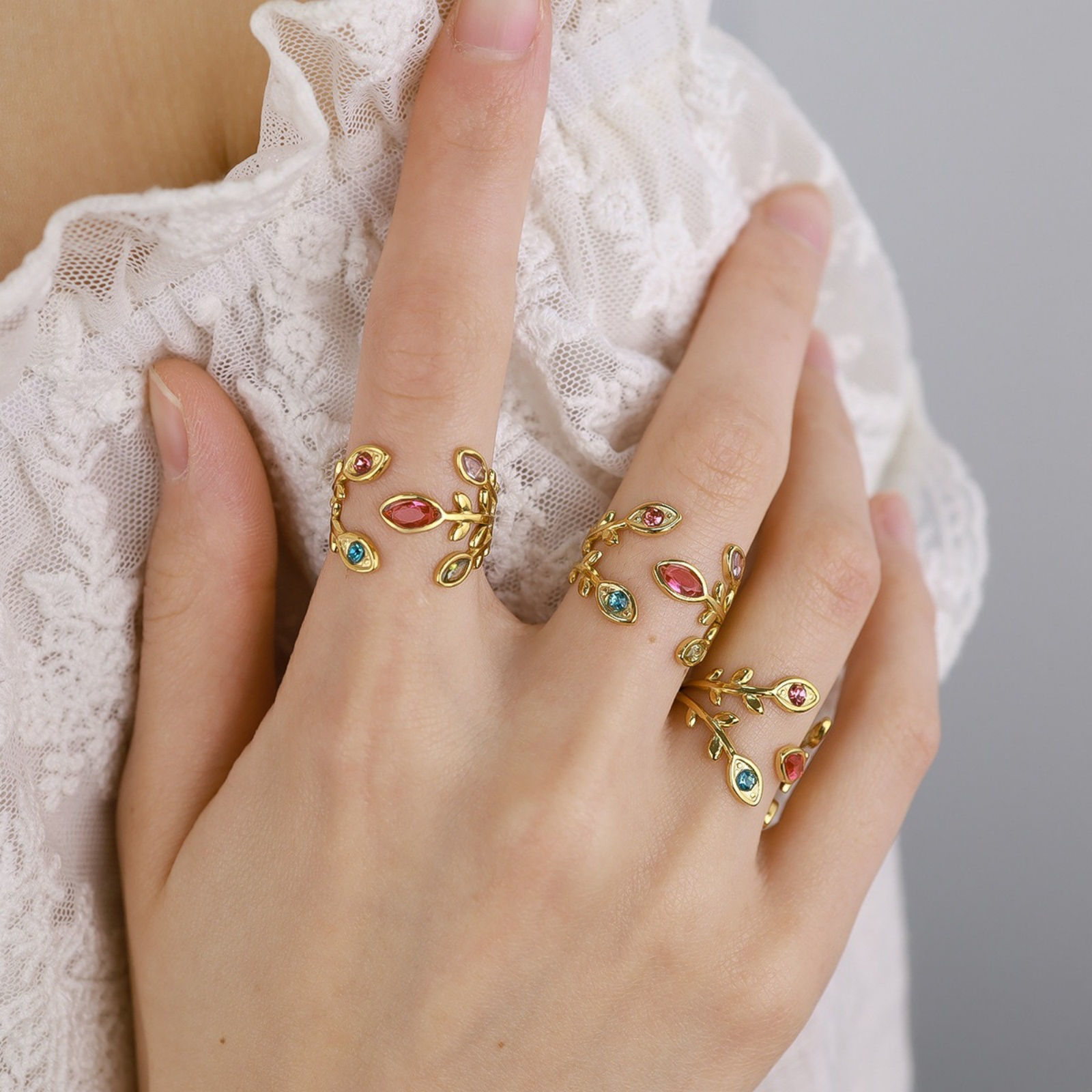 Bild von 1 Piece Eco-friendly PVD Vacuum Plating Dainty Stylish 18K Gold Plated Multicolor 304 Stainless Steel & Cubic Zirconia Open Rings For Women Gift