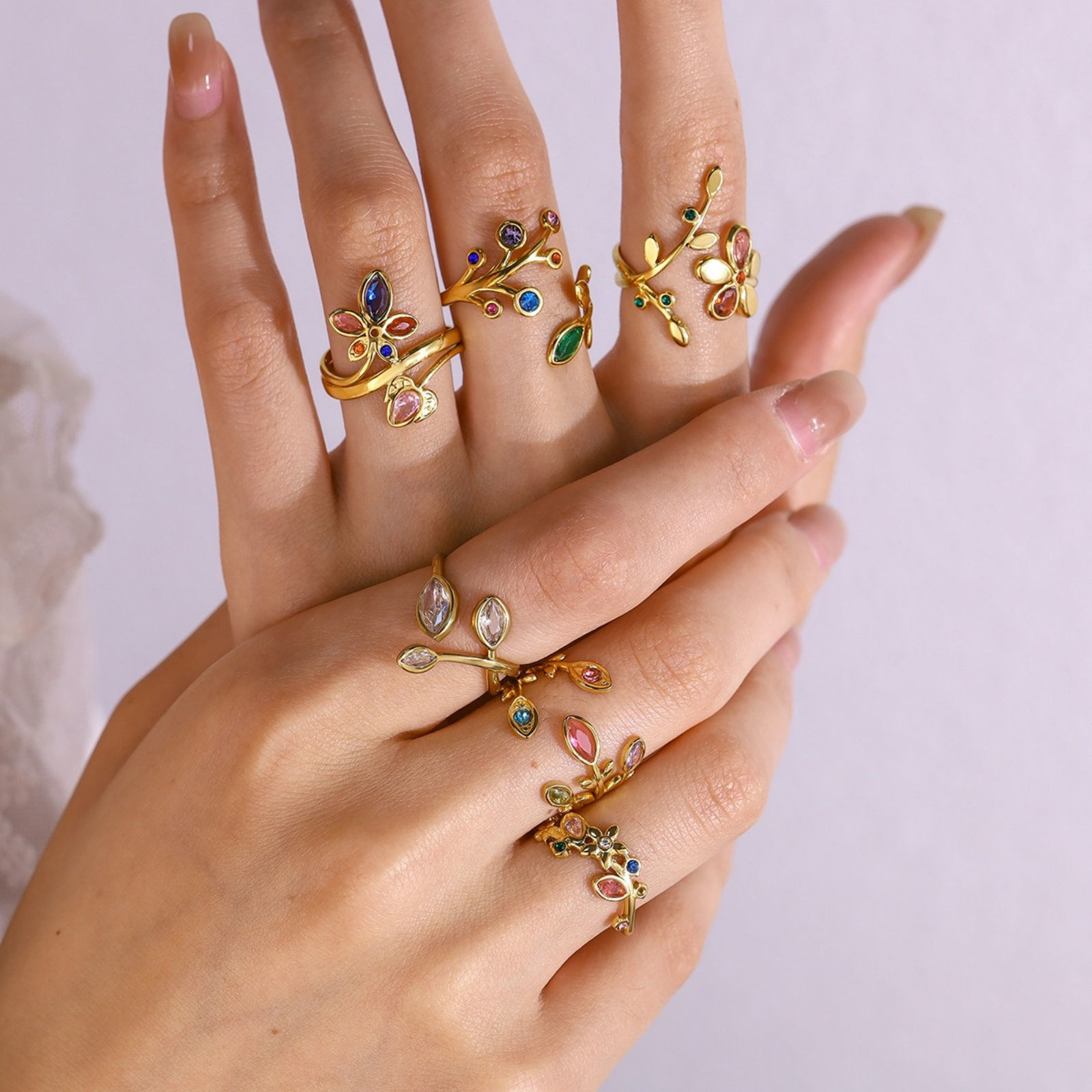 Bild von 1 Piece Eco-friendly PVD Vacuum Plating Dainty Stylish 18K Gold Plated Multicolor 304 Stainless Steel & Cubic Zirconia Open Rings For Women Gift