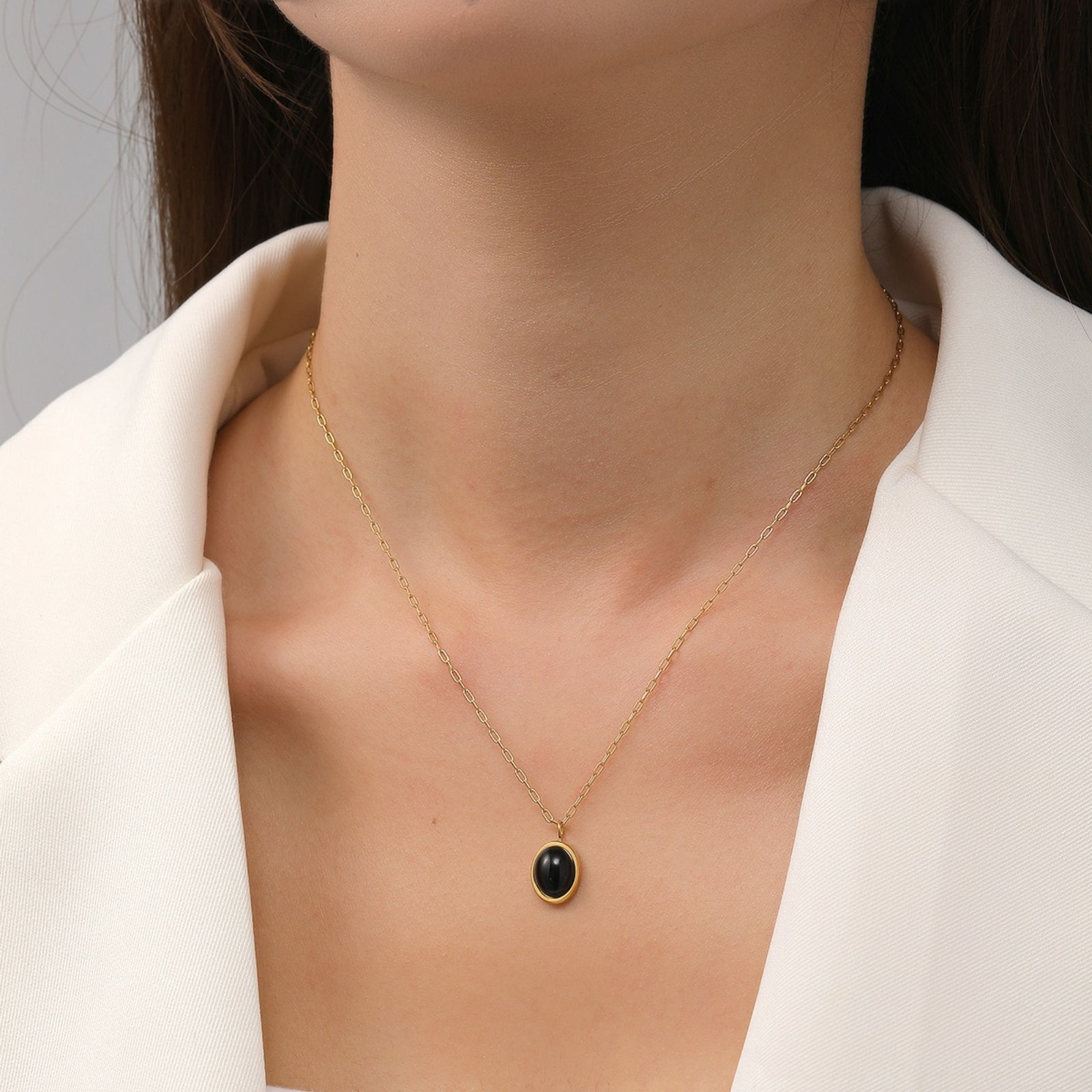 Bild von 18K Gold Plated Oval Pendant Charm Necklace, 304 Stainless Steel For Women, White With Synthetic Gemstone Cabochons, Exquisite Stylish Gift, Vacuum Plating, 1 Piece