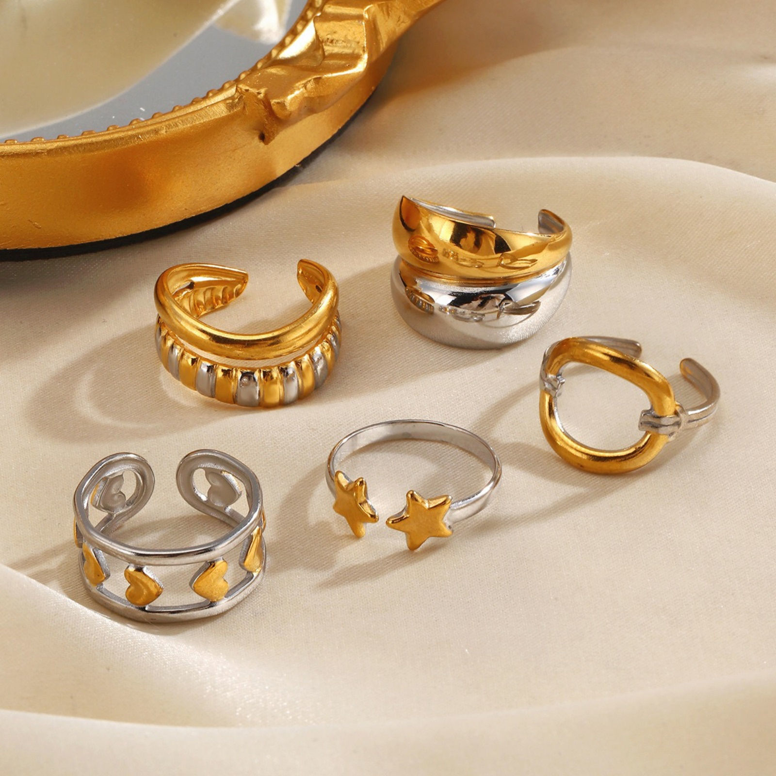 Bild von Großhandel Frauen Geschenk Mixefarbe Offen Verstellbar Ring, Silberfarben & 18K Vergoldet 304 Edelstahl, Umweltfreundlich Exquisit Retro Schmuckbedarf, 1 Stück