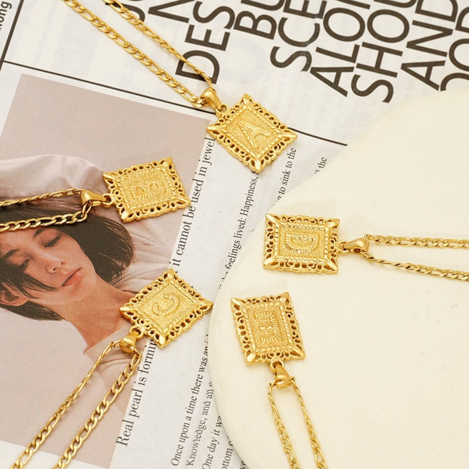 Picture of Wholesale Rectangle Capital Alphabet Initial Letter Message " A-Z " Pendant Charm Necklace, 18K Gold Plated 304 Stainless Steel Women's Eco-friendly PVD Exquisite Stylish Gift Jewelry For Retailer, 51cm(20.1") long