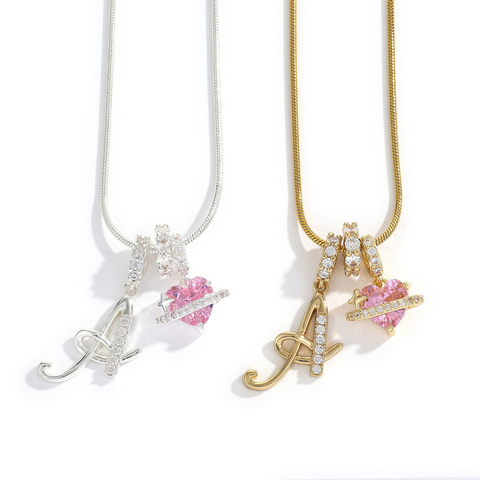 Picture of Wholesale Heart Capital Alphabet Initial Letter Message " A-Z " Pink & Clear Rhinestone Pendant Charm Necklace, Brass Snake Chain, Women's Eco-friendly Valentine's Day Stylish Gift Jewelry For Retailer