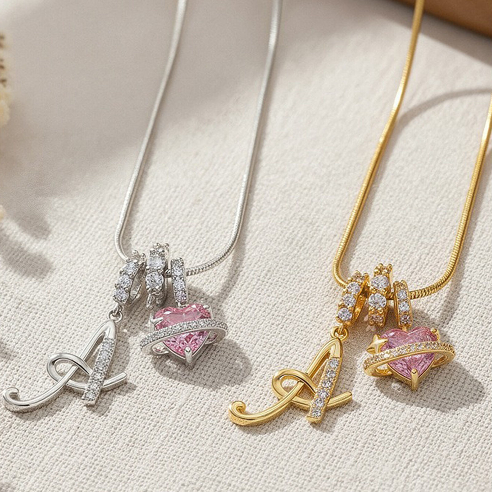 Picture of Wholesale Heart Capital Alphabet Initial Letter Message " A-Z " Pink & Clear Rhinestone Pendant Charm Necklace, Brass Snake Chain, Women's Eco-friendly Valentine's Day Stylish Gift Jewelry For Retailer