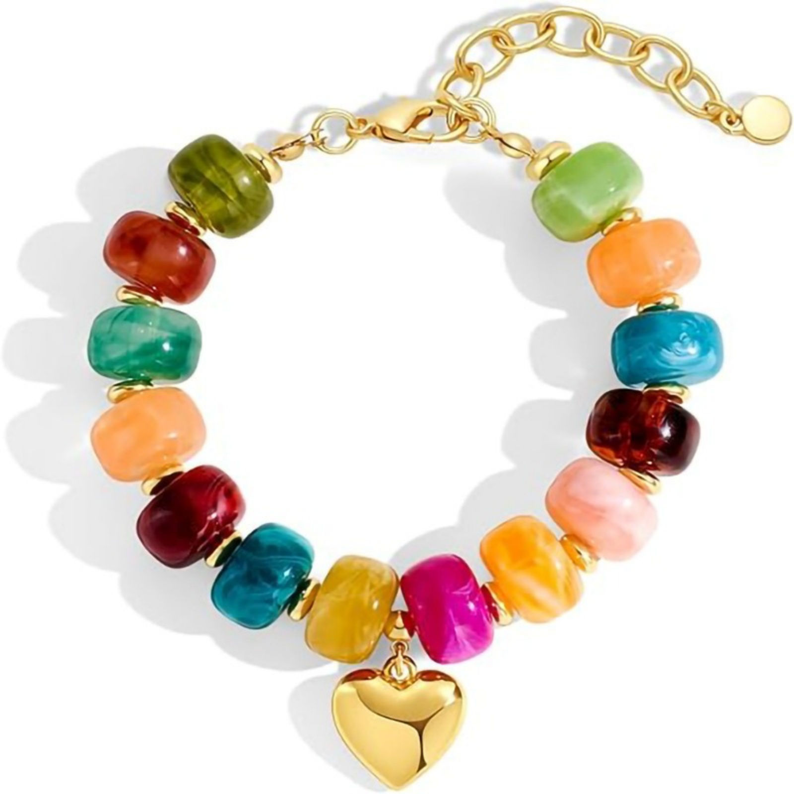 Picture of Wholesale Heart Multicolor Stainless Steel & Resin Curb Link Chain Beaded Bubble Bracelets, Hypoallergenic, Women's Boho Chic Bohemia Ethnic Style Gift Jewelry Supply