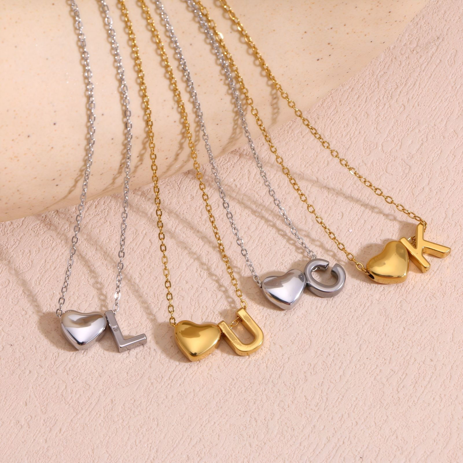 Picture of Wholesale Heart Message " A-Z " Pendant Charm Necklace, Multicolor 304 Stainless Steel Link Cable Chain, Unisex PVD Capital Alphabet Initial Letter Name Simple & Casual Gift Jewelry For Retailer, 40cm(15.7") + 5cm(2") long