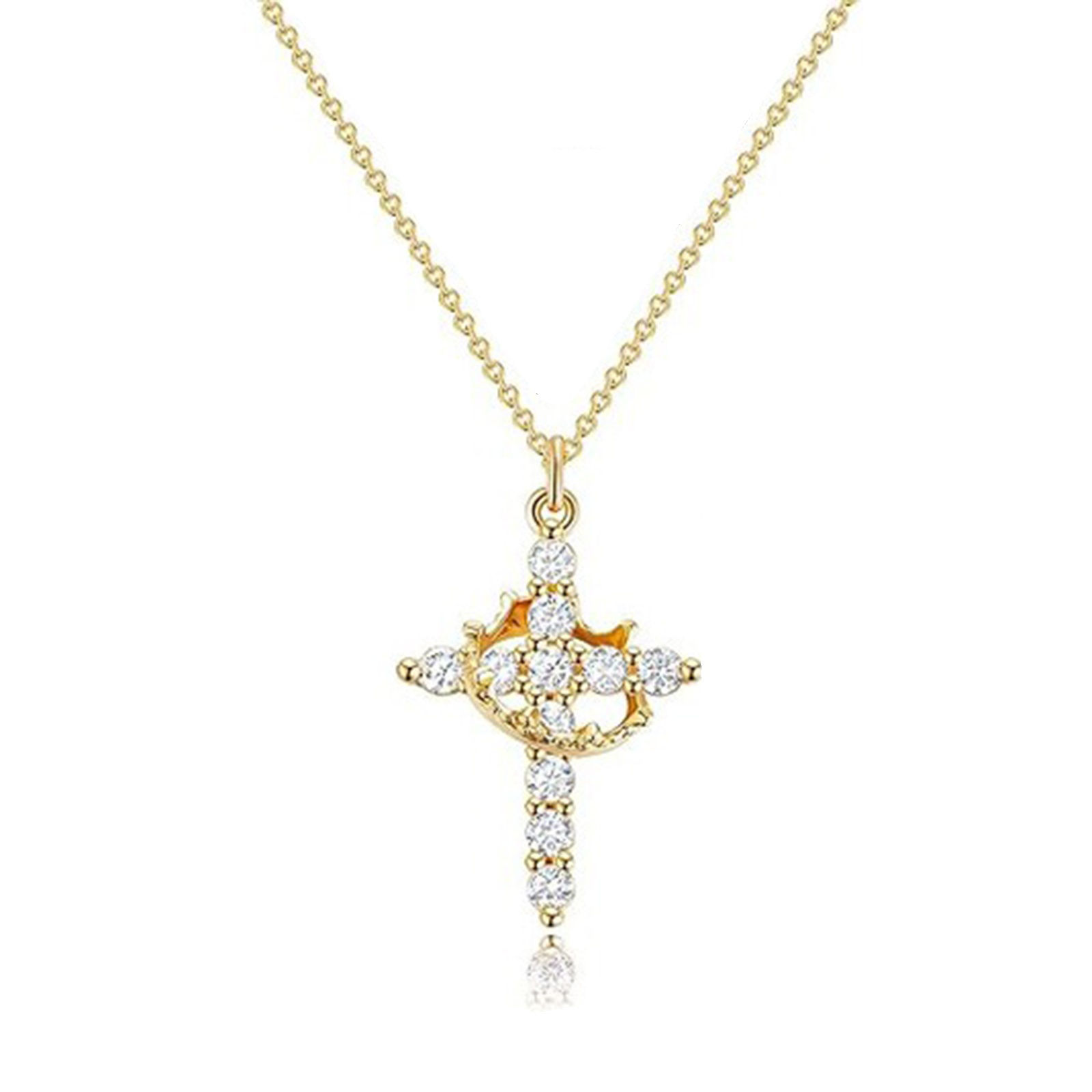 Picture of Wholesale Cross Crown Clear Cubic Zirconia Pendant Charm Necklace, Multicolor Brass Link Cable Chain, Women's Religious Simple & Casual Gift Jewelry For Retailer, 45cm(17.7") + 5cm(2") long