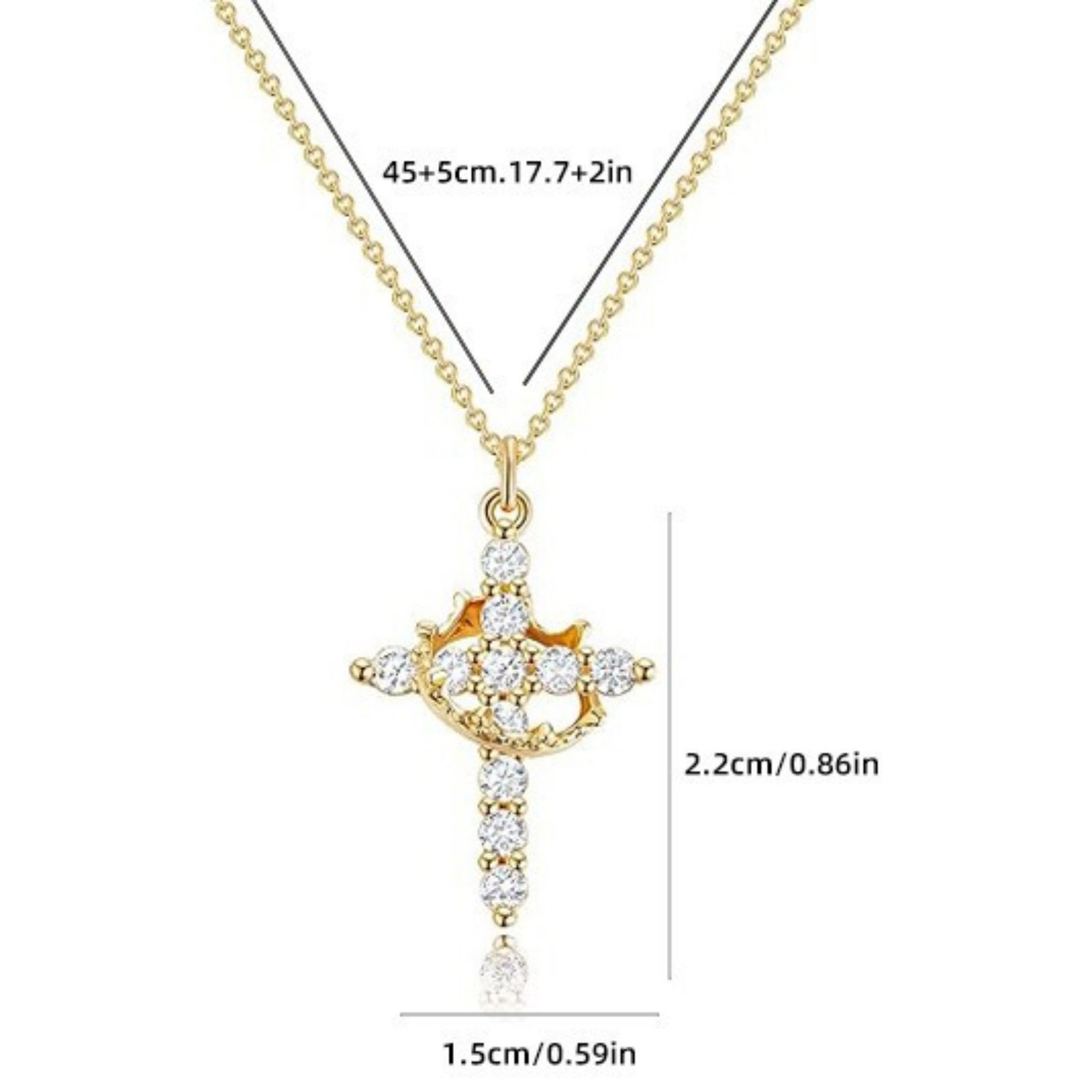 Picture of Wholesale Cross Crown Clear Cubic Zirconia Pendant Charm Necklace, Multicolor Brass Link Cable Chain, Women's Religious Simple & Casual Gift Jewelry For Retailer, 45cm(17.7") + 5cm(2") long