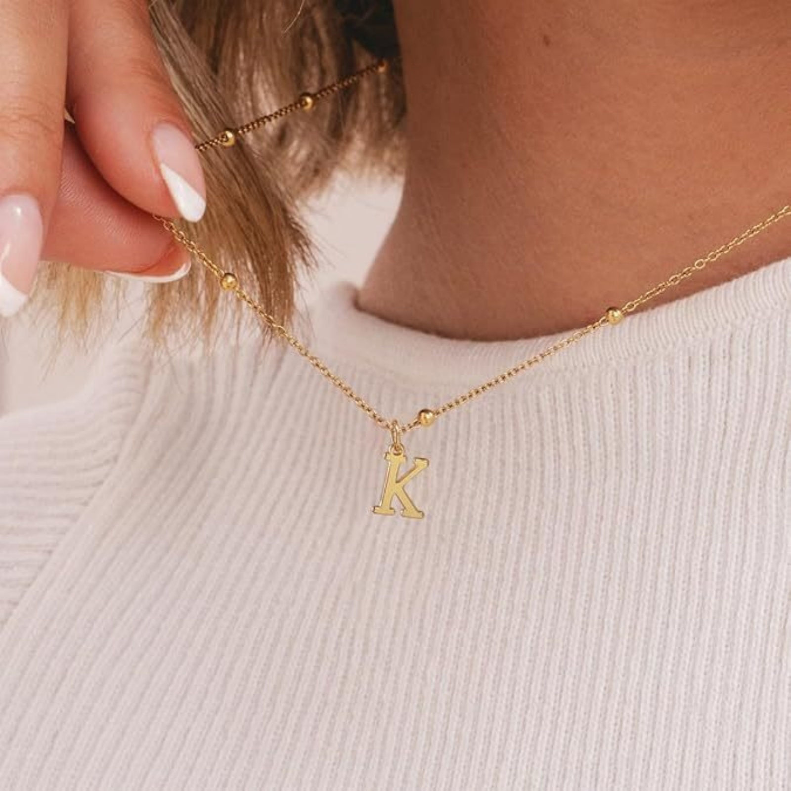 Picture of Wholesale Capital Alphabet Initial Letter Pendant Charm Necklace, 18K Gold Plated Brass Ball Chain, Women's Simple Dainty Gift Jewelry For Retailer, 40cm(15.7") + 5cm(2") long