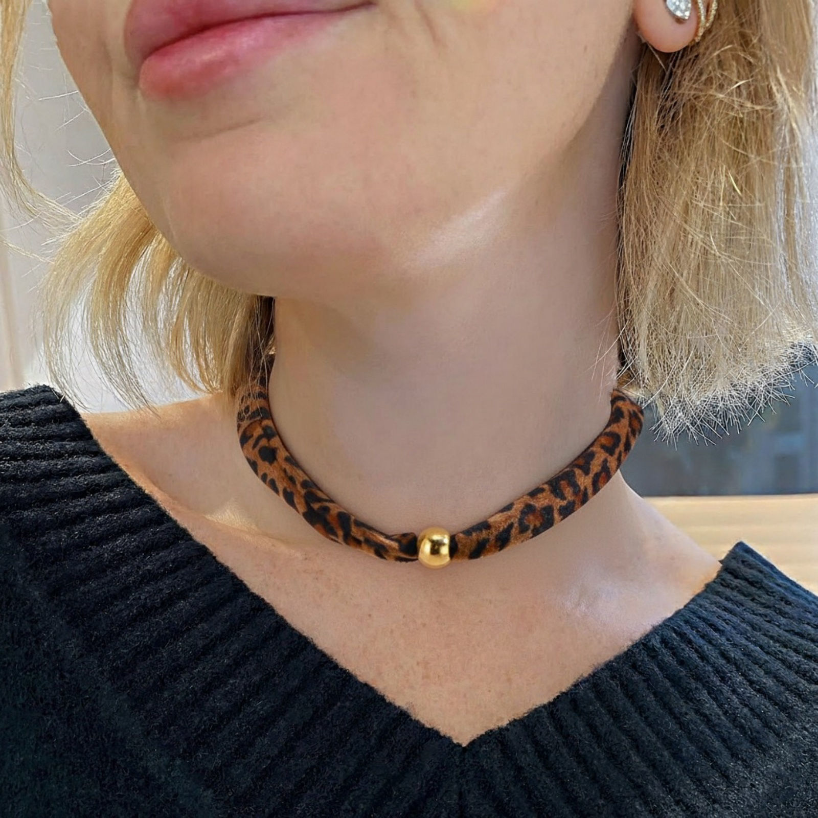 Picture of Wholesale Leopard Print Brown Necklace Choker, 18K Gold Plated 304 Stainless Steel & Polyester Cord, Unisex Eco-friendly PVD Stylish Hip Hop Gift Jewelry For Retailer, 35cm(13.8") + 5cm(2") long