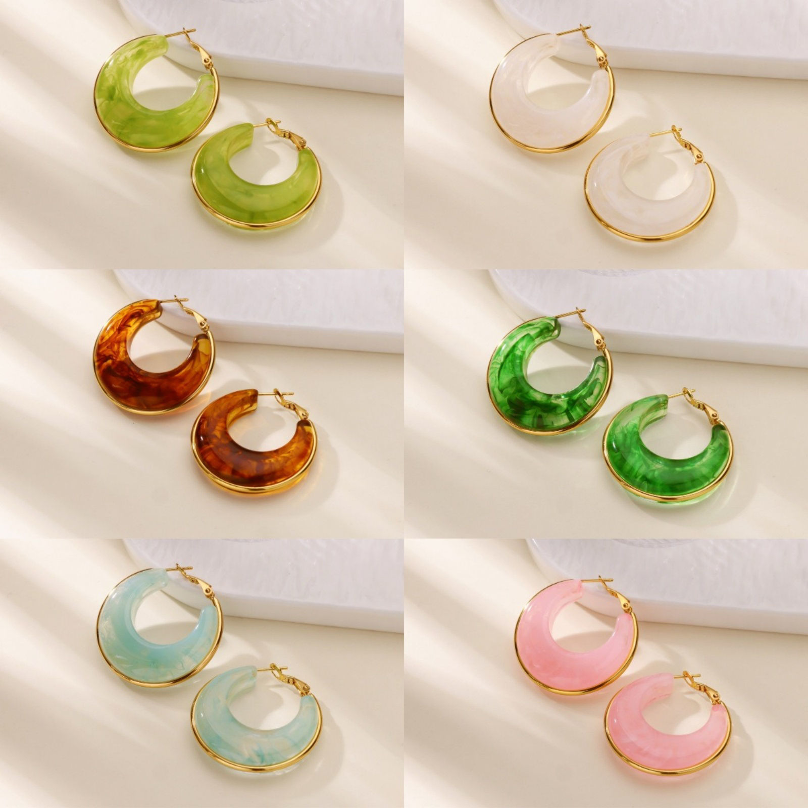Picture of Wholesale Stylish Dainty Hoop Earrings, Multicolor 18K Gold Plated 304 Stainless Steel & Resin, Women's Gift Jewelry Supply, 36mm x 18mm