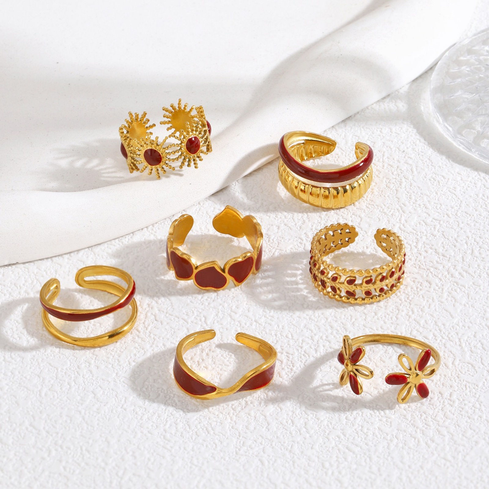 Picture of Wholesale Women's Gift Red Enamel Open Adjustable Rings, 18K Gold Plated 304 Stainless Steel, Eco-friendly PVD Exquisite Stylish Jewelry Supply, 17mm(US Size 6.5)