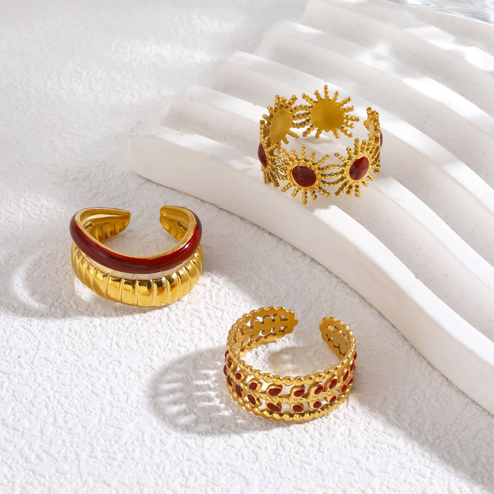 Picture of Wholesale Women's Gift Red Enamel Open Adjustable Rings, 18K Gold Plated 304 Stainless Steel, Eco-friendly PVD Exquisite Stylish Jewelry Supply, 17mm(US Size 6.5)