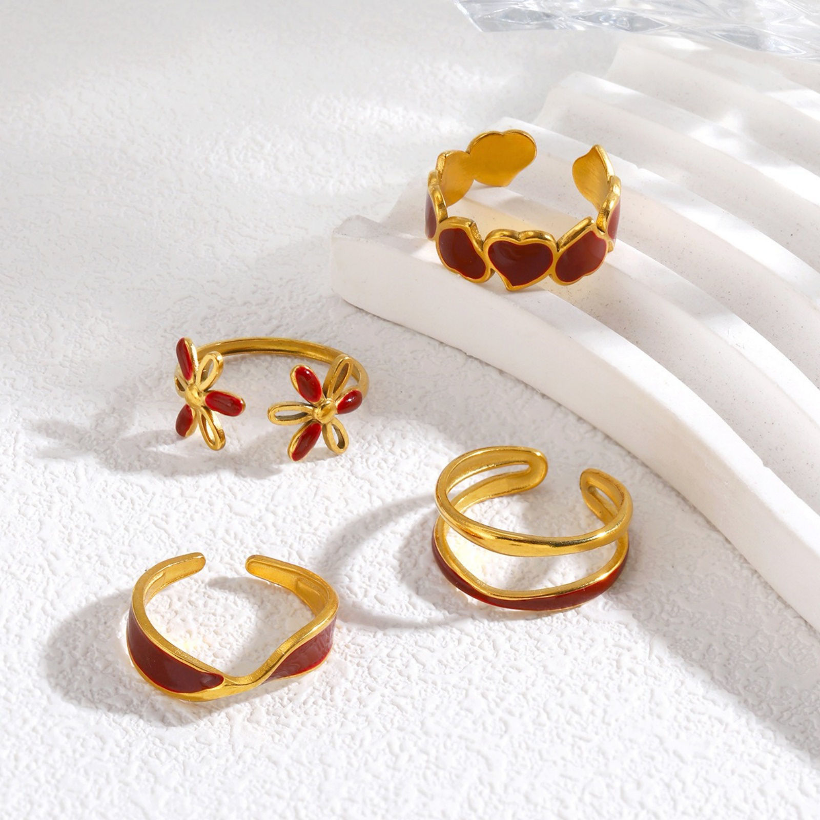 Picture of Wholesale Women's Gift Red Enamel Open Adjustable Rings, 18K Gold Plated 304 Stainless Steel, Eco-friendly PVD Exquisite Stylish Jewelry Supply, 17mm(US Size 6.5)