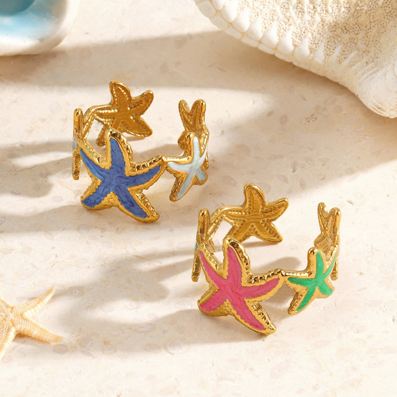 Picture of Wholesale Women's Gift Starfish Open Adjustable Rings, 18K Gold Plated 304 Stainless Steel, Eco-friendly PVD Ocean Jewelry Stylish Jewelry Supply, 18mm(US Size 7.75)
