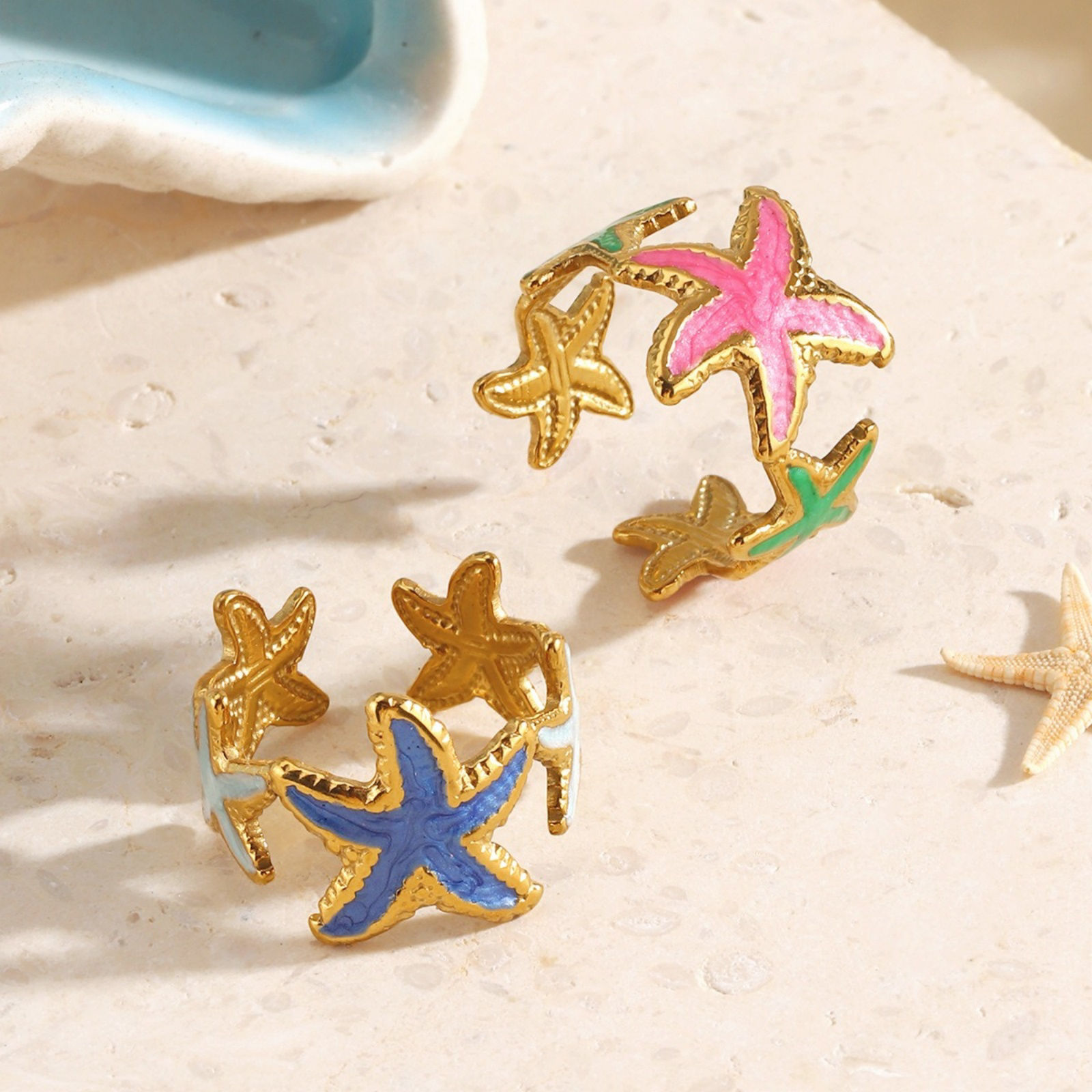 Picture of Wholesale Women's Gift Starfish Open Adjustable Rings, 18K Gold Plated 304 Stainless Steel, Eco-friendly PVD Ocean Jewelry Stylish Jewelry Supply, 18mm(US Size 7.75)