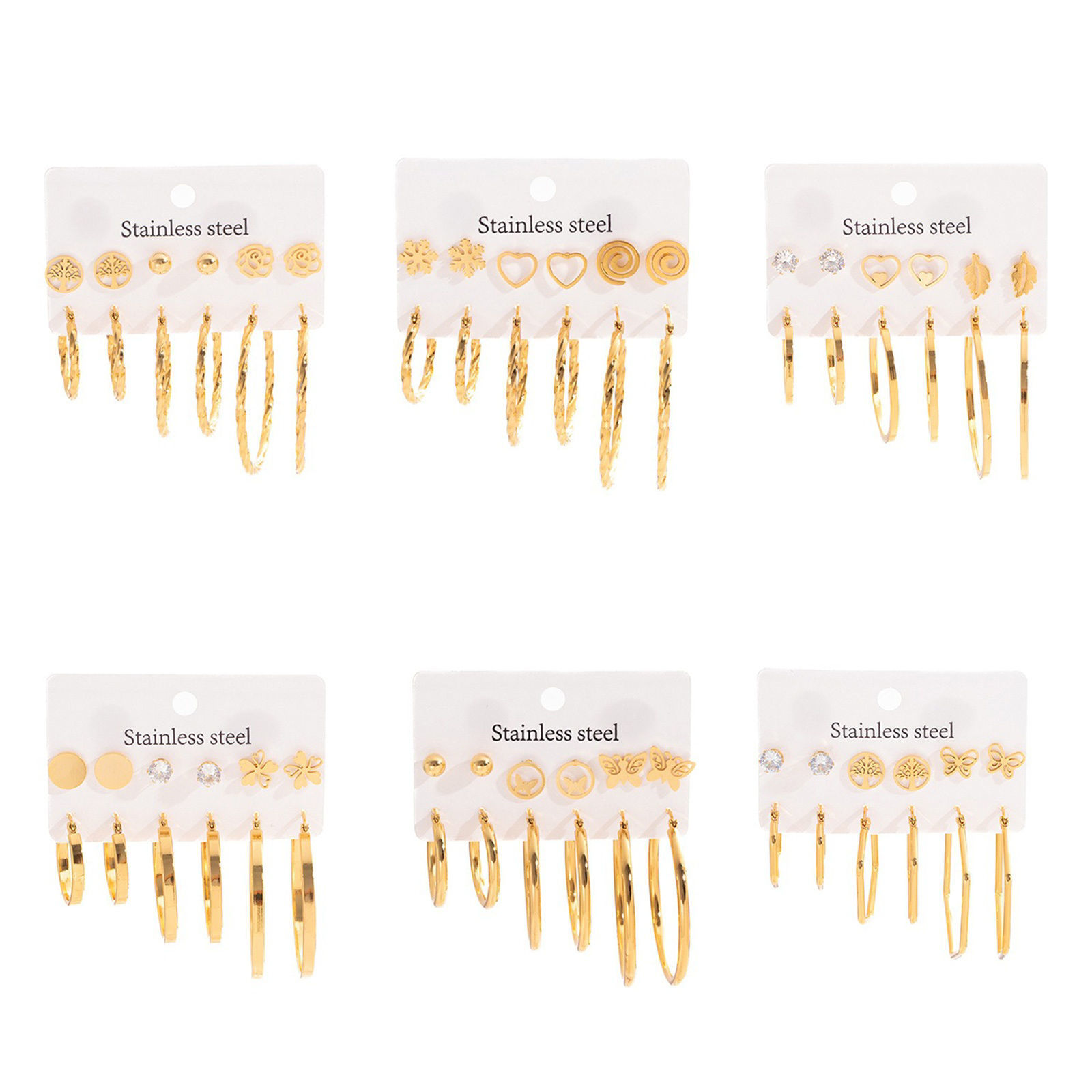 Picture of Wholesale Classic Simple & Casual Ear Post Stud Earrings Set, 18K Gold Plated 304 Stainless Steel, Women's Gift Jewelry Supply, 1 Pack ( 12 PCs/Set)