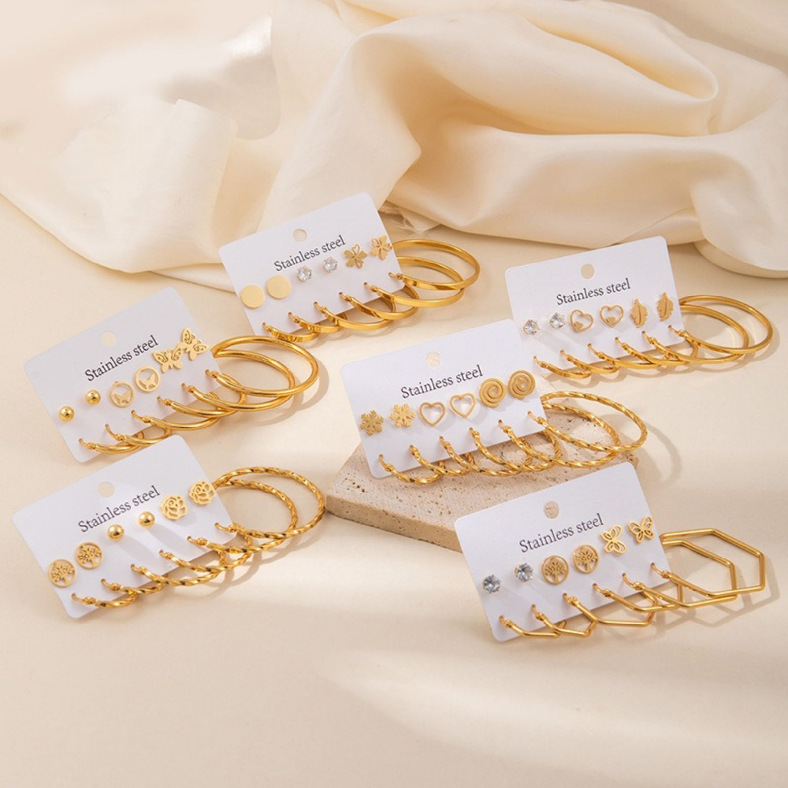 Picture of Wholesale Classic Simple & Casual Ear Post Stud Earrings Set, 18K Gold Plated 304 Stainless Steel, Women's Gift Jewelry Supply, 1 Pack ( 12 PCs/Set)