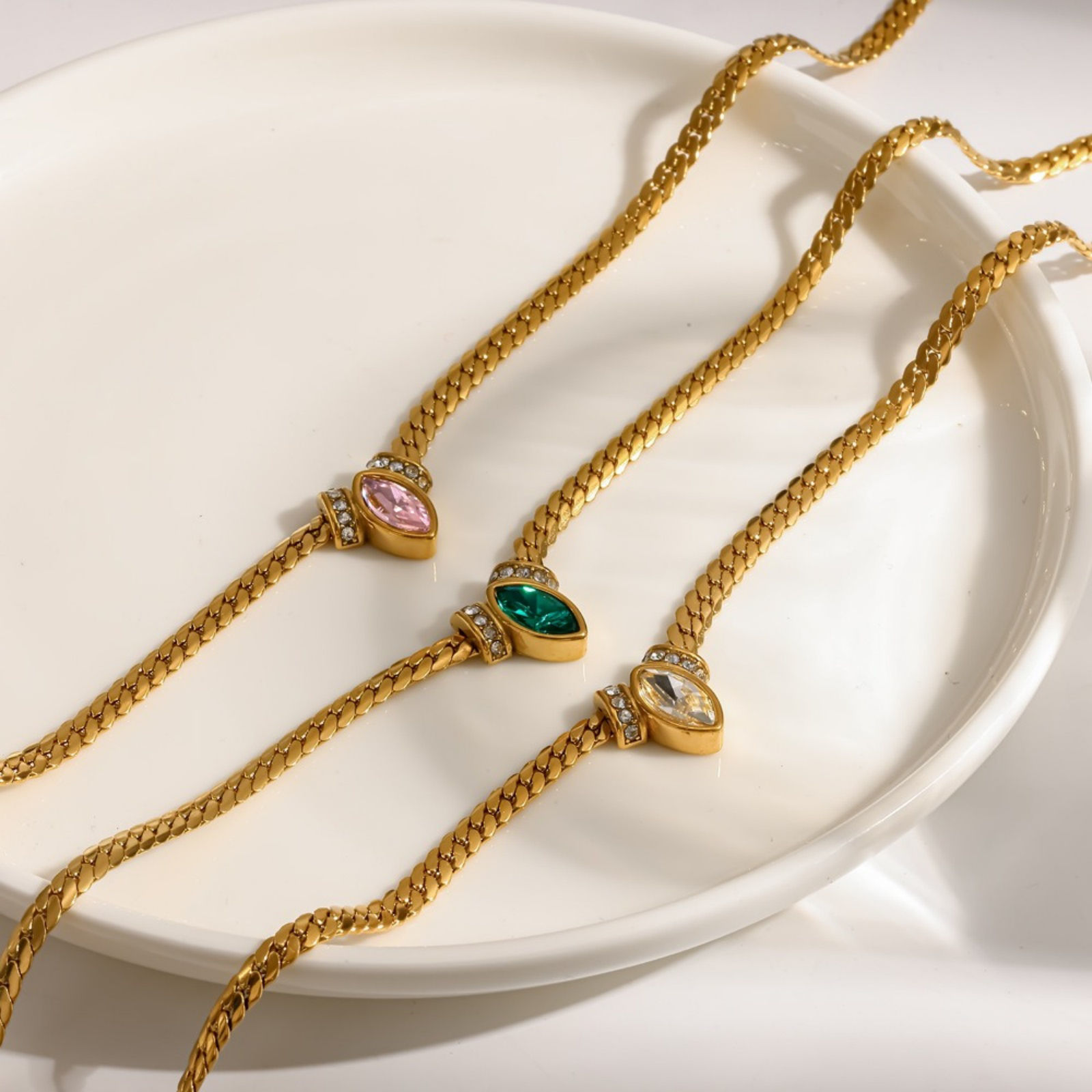 Picture of Wholesale Marquise Multicolour Cubic Zirconia Pendant Charm Necklace, 18K Gold Plated 304 Stainless Steel Cuban Link Chain, Unisex Eco-friendly Vacuum Plating Ins Style Stylish Gift Jewelry For Retailer, 39cm(15.4") + 5cm(2") long