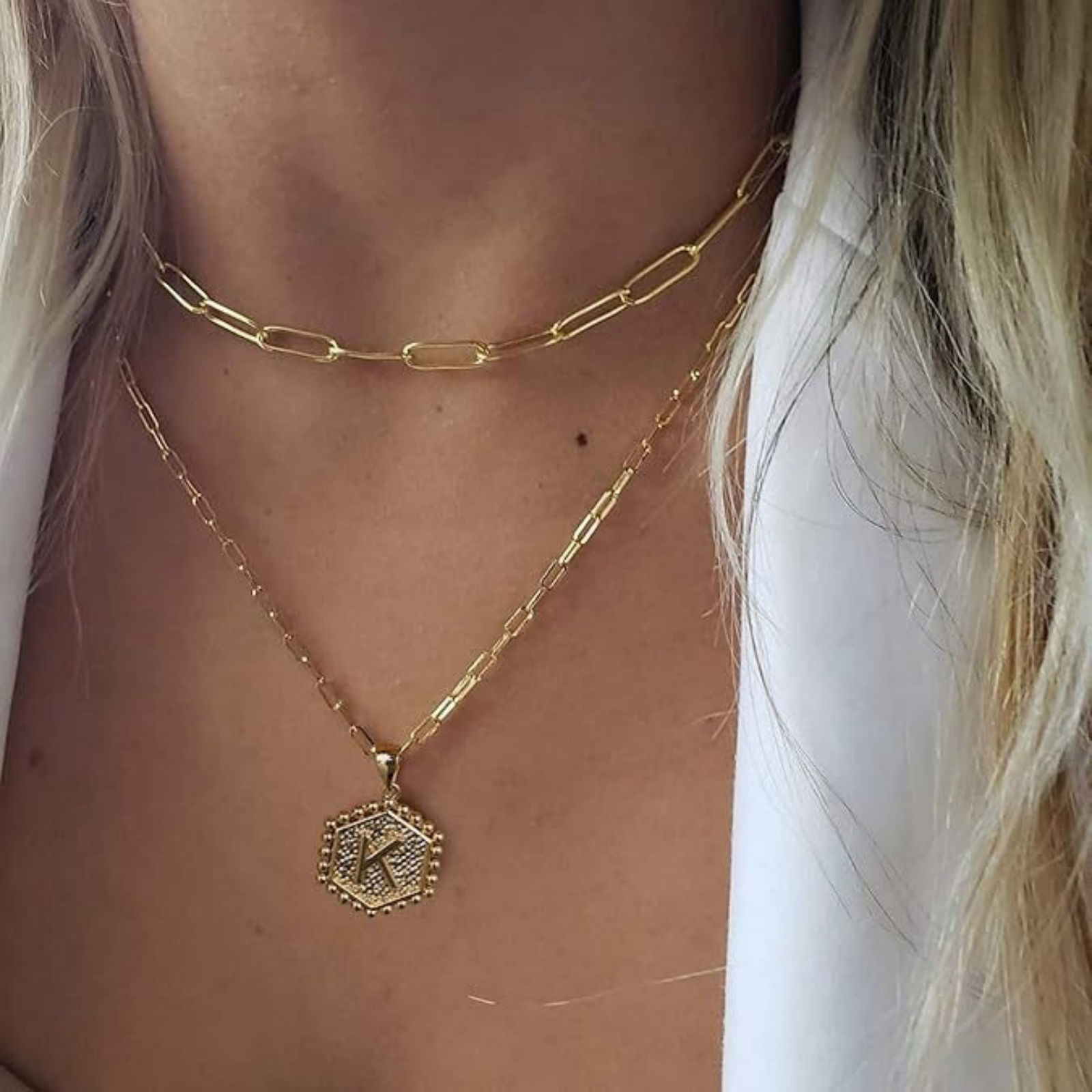 Picture of Wholesale Capital Alphabet Initial Letter Message " A-Z " Layered Stackable Necklace Set, 304 Stainless Steel Paperclip Link Chain, Unisex Eco-friendly PVD Stylish Hip Hop Gift Jewelry For Retailer, 1 Set ( 2 PCs/Set)
