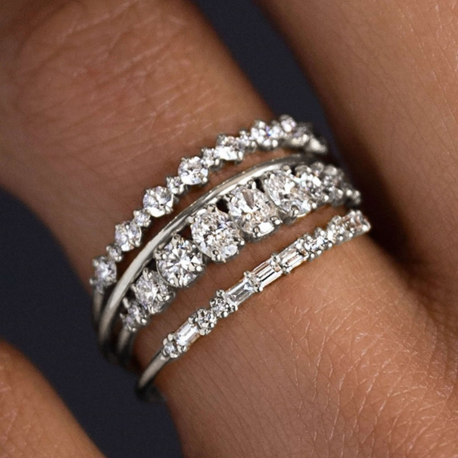 Picture of Wholesale Women's Gift Clear Cubic Zirconia Unadjustable Stackable Ring Set, Multicolor Brass, Stylish Dainty Jewelry Supply