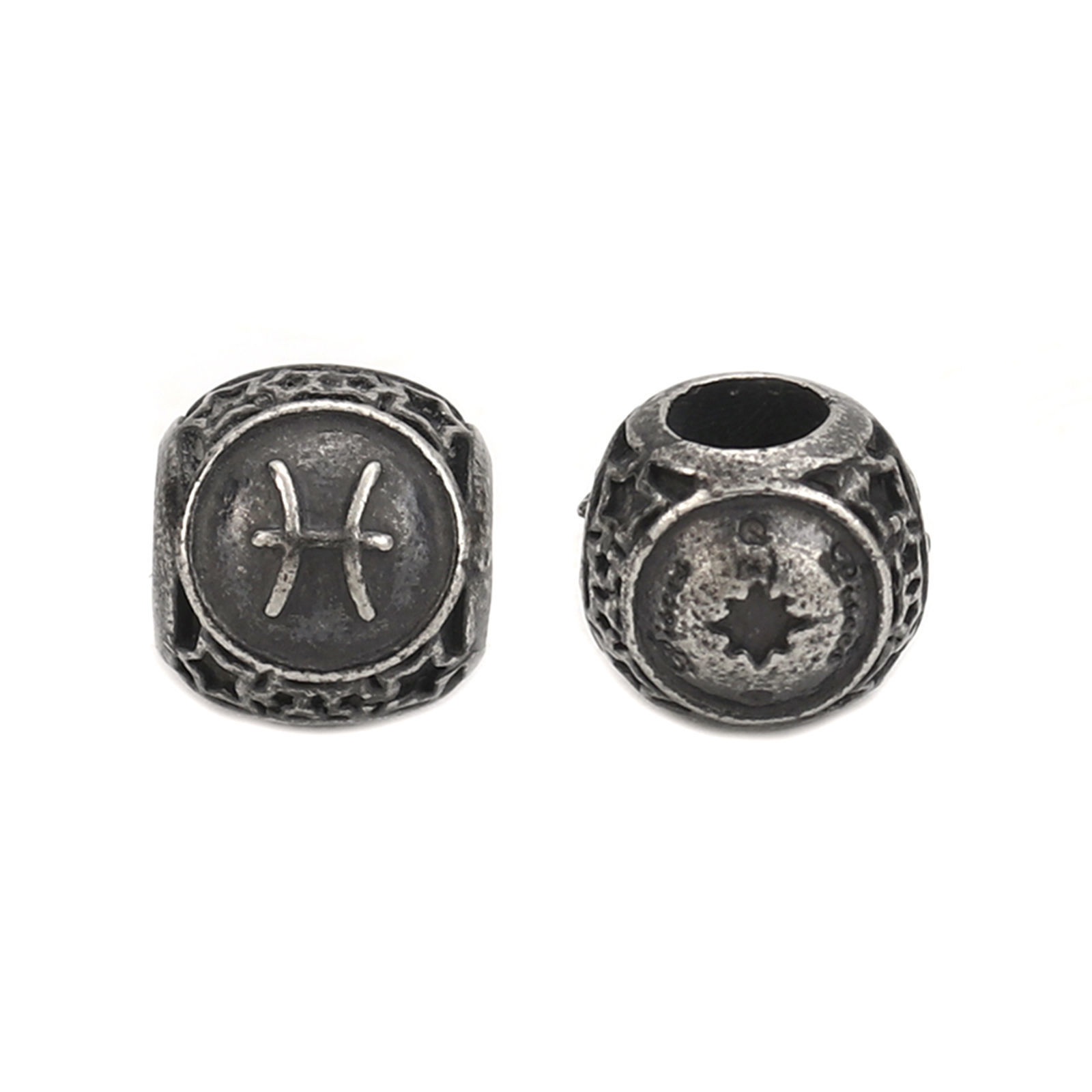 Изображение 304 Stainless Steel Casting Beads Round Gunmetal Pisces Sign Of Zodiac Constellations About 10mm Dia., Hole: Approx 4.3mm, 1 Piece