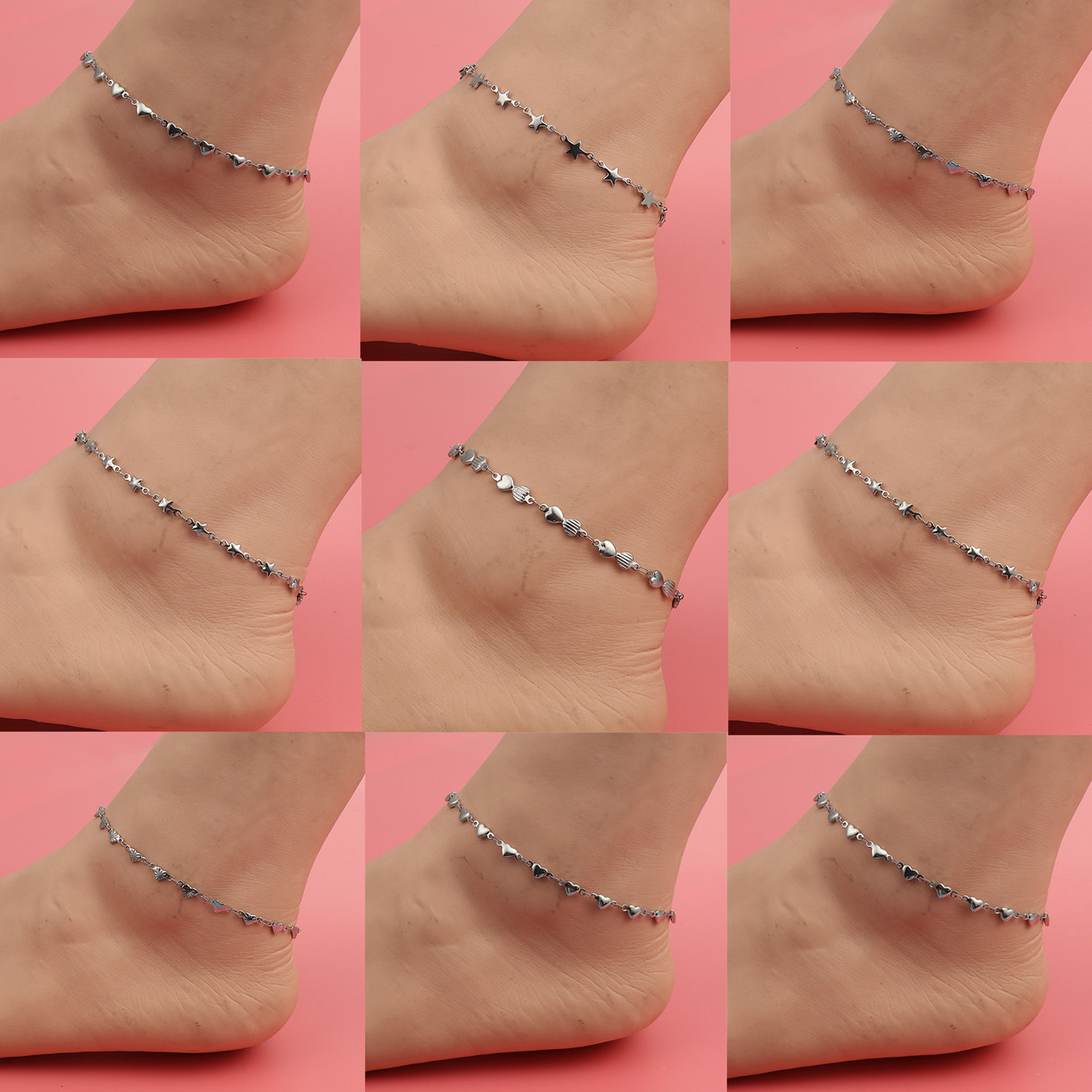 Picture of 304 Stainless Steel Anklet Silver Tone Heart 23cm(9") long, 1 Piece