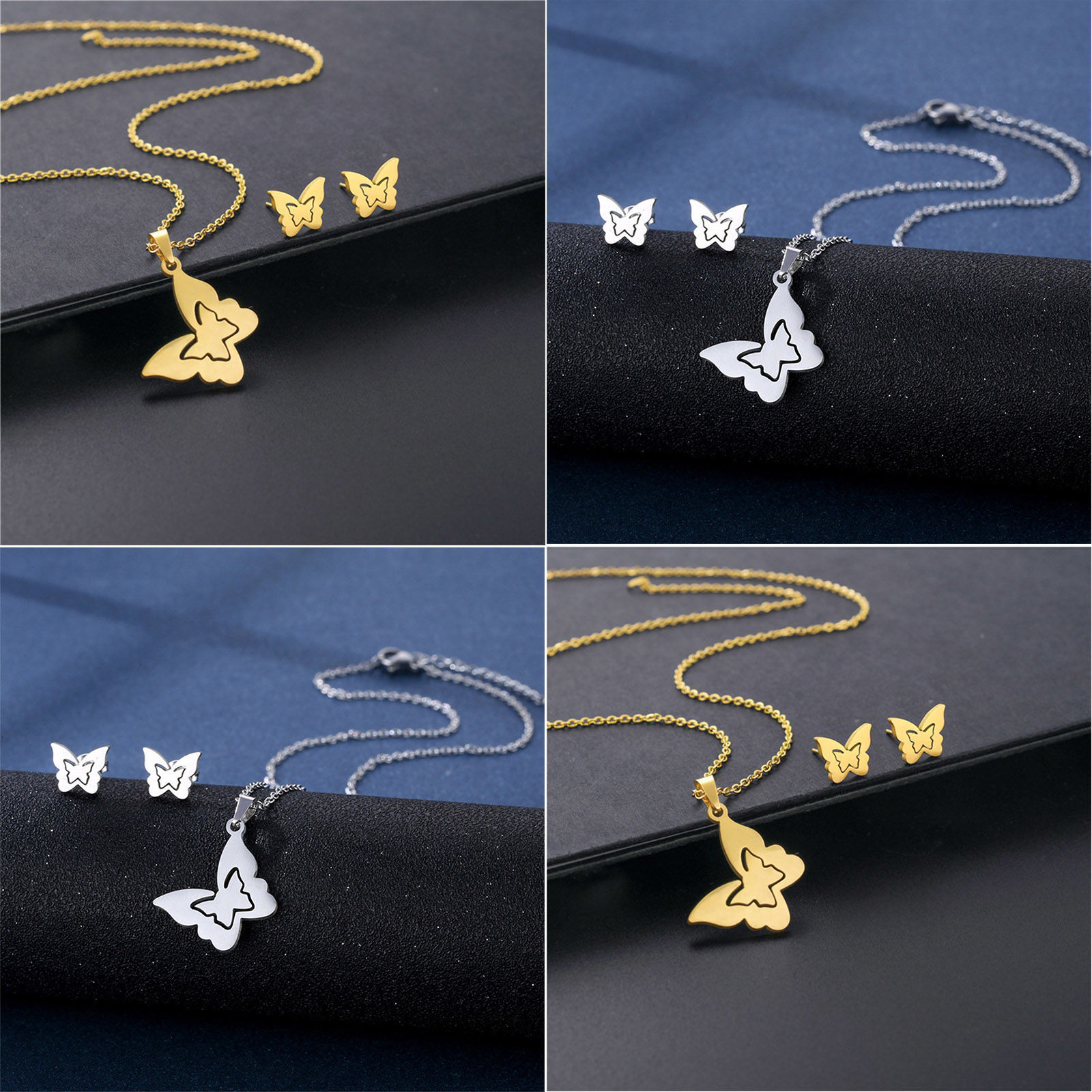 Picture of Stainless Steel Insect Jewelry Necklace Earrings Set Gold Plated Butterfly Animal Hollow 45cm(17 6/8") long, 17mm x 15mm, 1 Set