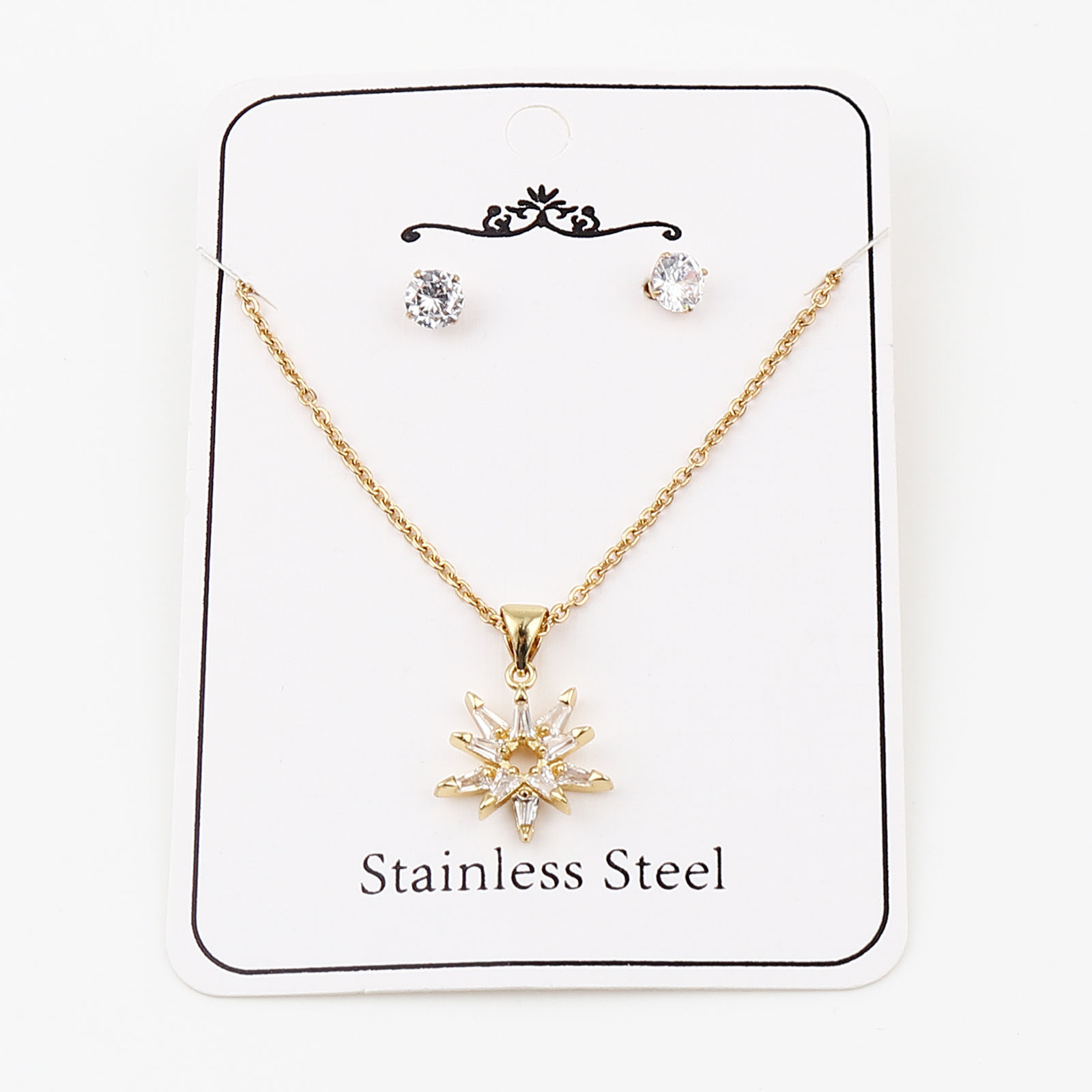 Picture of Stainless Steel & Copper Galaxy Jewelry Necklace Earrings Set Silver Tone Round Star Clear Cubic Zirconia 44cm(17 3/8") long, 0.5cm Dia., Post/ Wire Size: (21 gauge), 1 Set