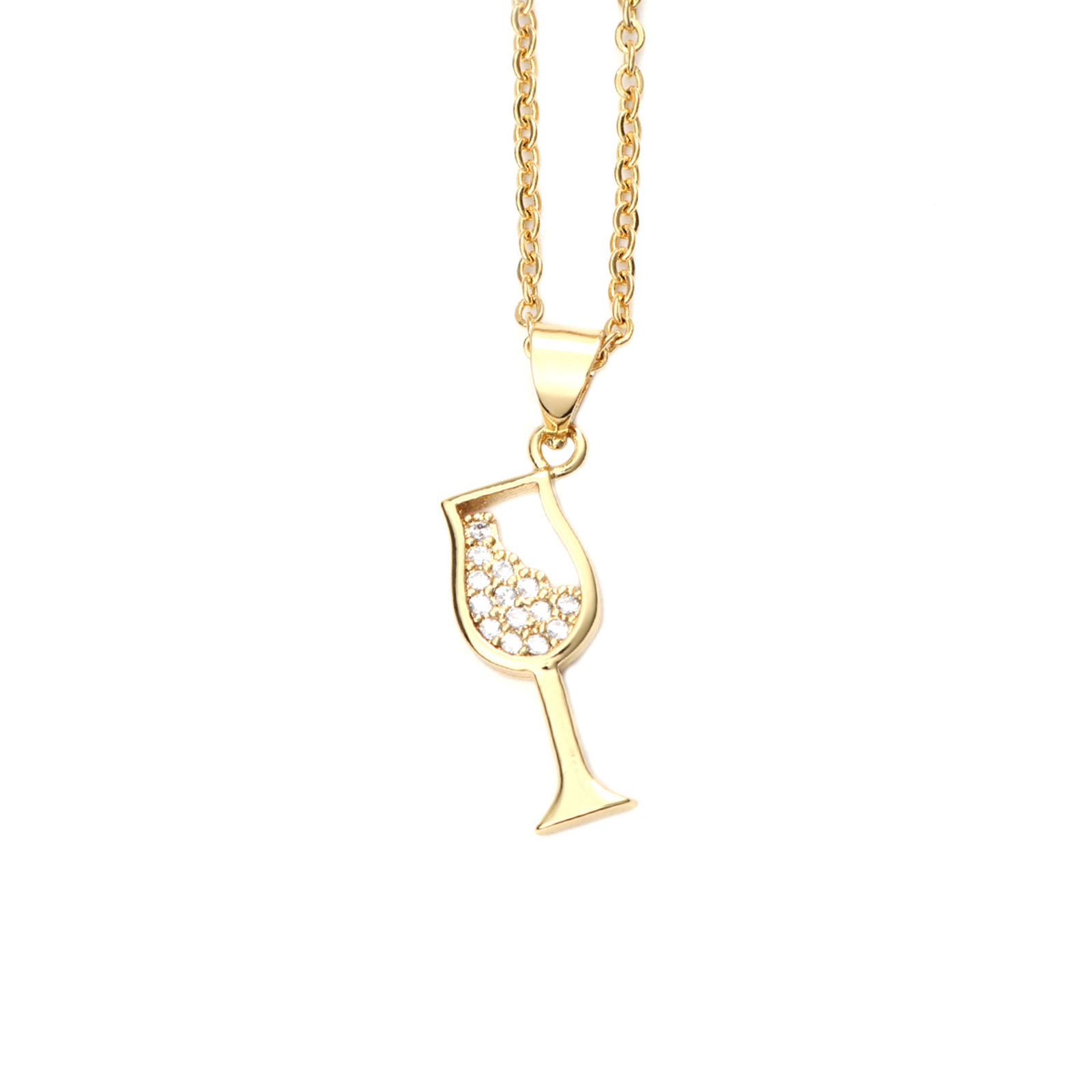 Bild von Edelstahl & Kupfer Micro Pave Halskette Silberfarbe Weinglas Klar Zirkon 45cm lang, 1 Strang