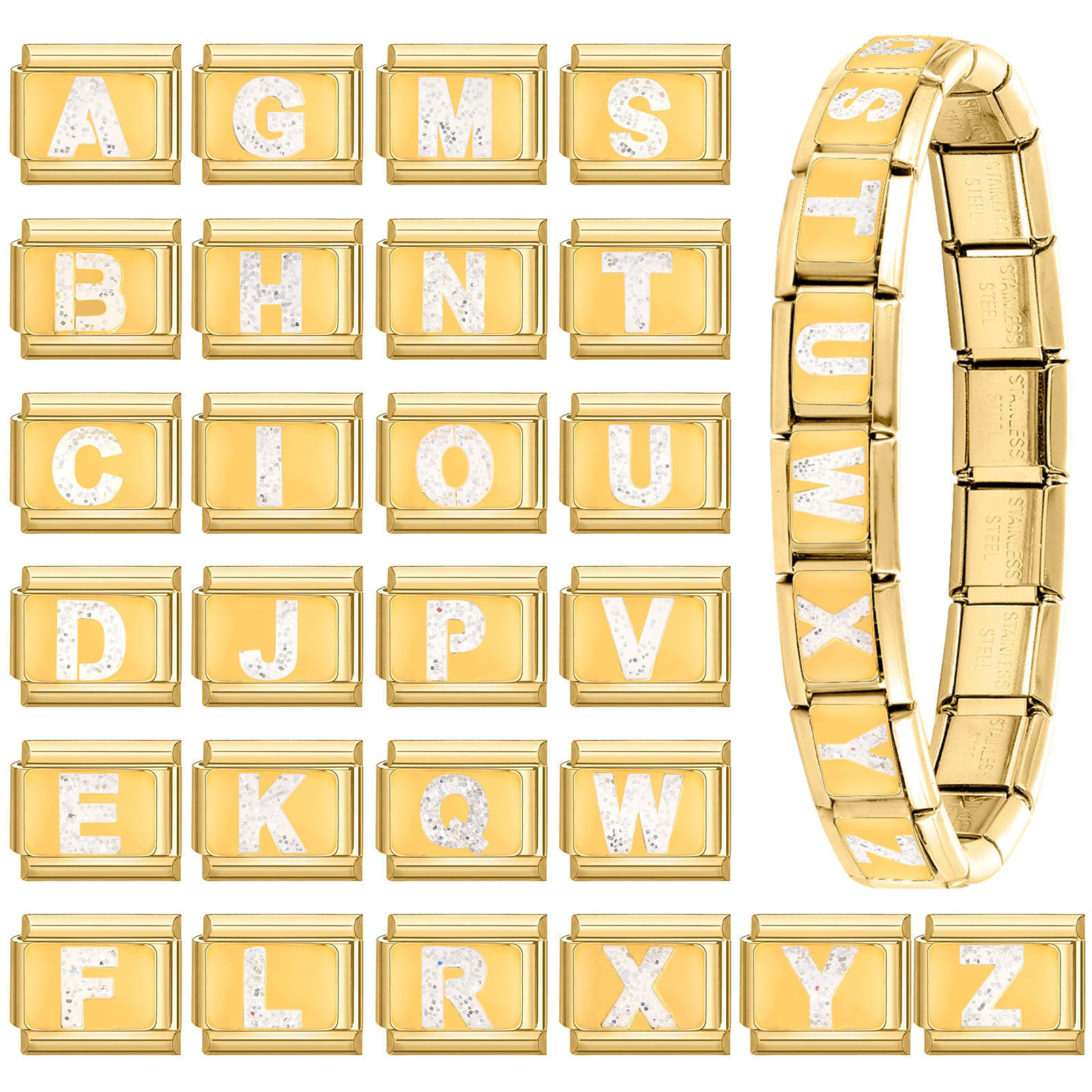 Bild von 304 Edelstahl Großbuchstaben Charm-Armband mit italienischen Gliedern zur Herstellung von DIY-Schmuck Vergoldet Weiß Emaille Rechteck Message " A-Z " Paillette 10mm x 9mm